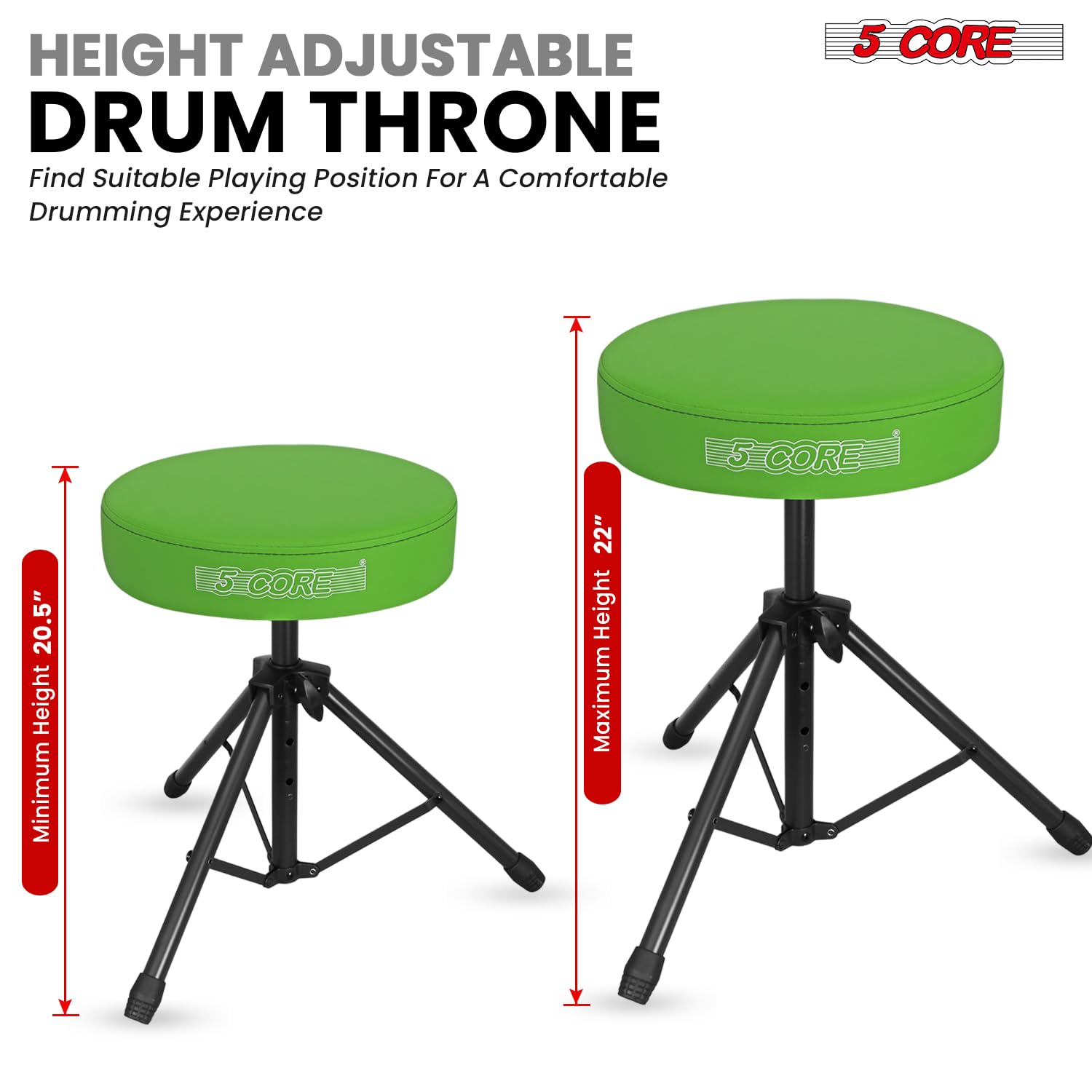 5 CORE Drum Throne Padded 3″ Seat Adjustable Drumming Stool Green