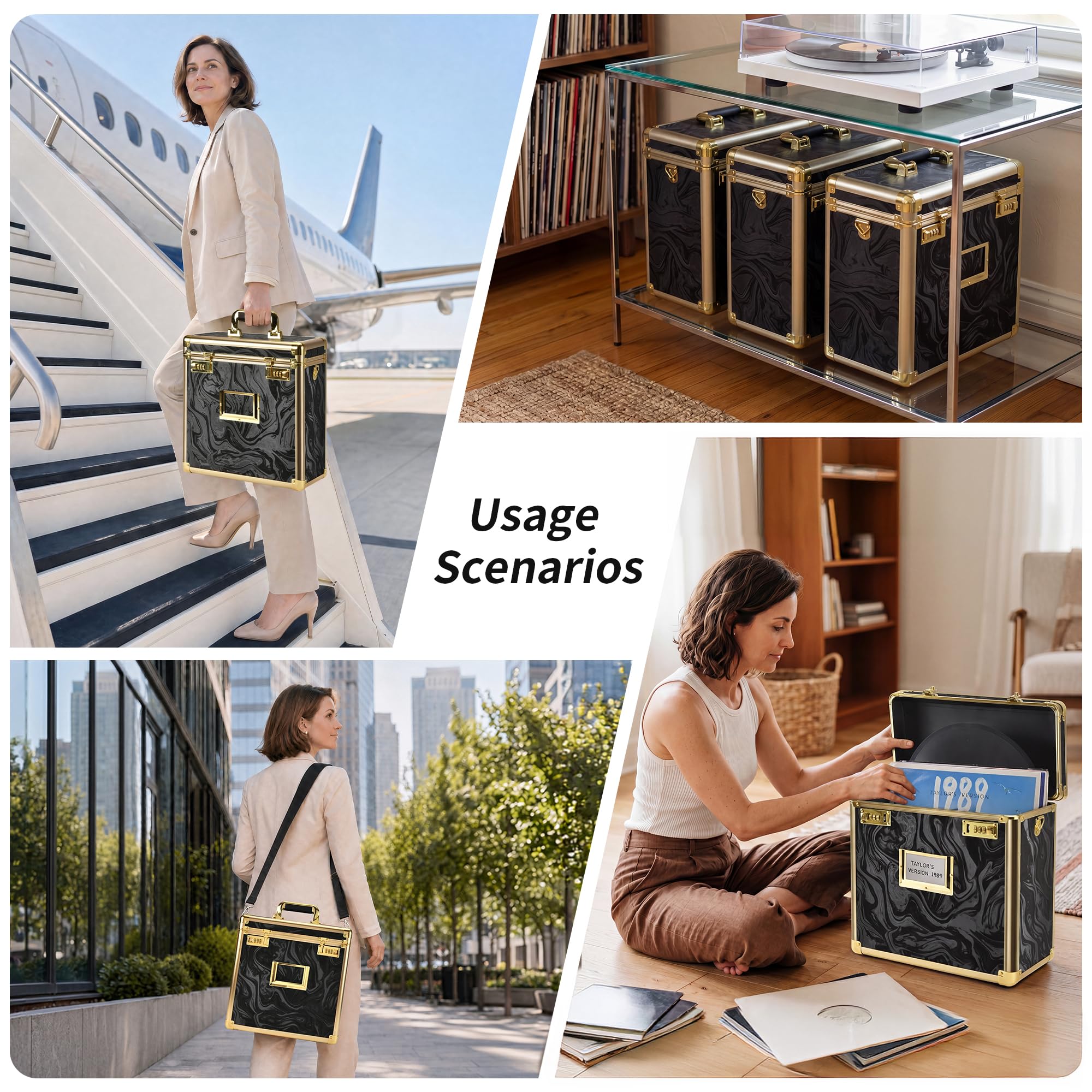 GALHUBIS Vinyl Record Box, Lockable Album Organizer, Holds 32 LPs, Gold