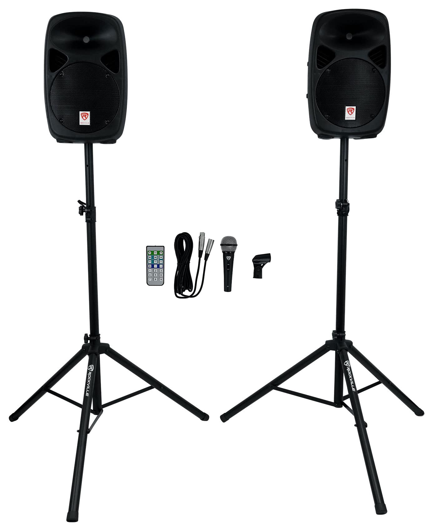 Rockville RPG102K Dual 10″ Powered PA Speaker Package, Mic, Stands, Cables