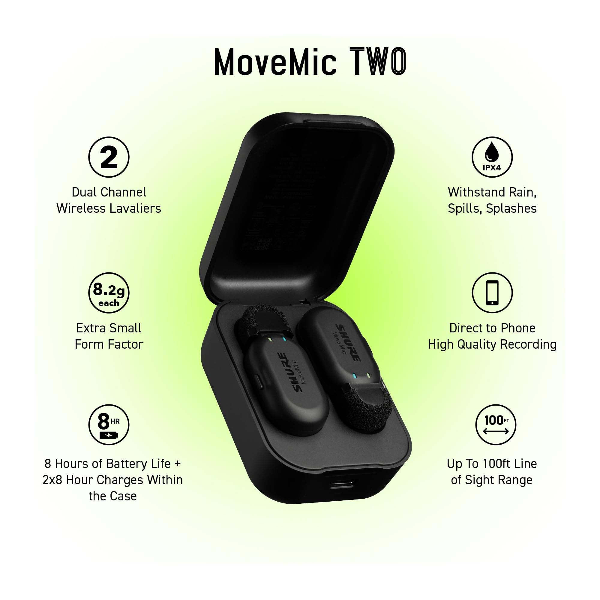 Shure MoveMic Two – Pro Direct to Phone Wireless Lavalier Microphones for iPhone & Android, 2 Bluetooth Mini Mics, 24 Hours Charge, Quick Set Up, IPX4, Compact & Portable Clip Lavs (MV-Two-Z7)