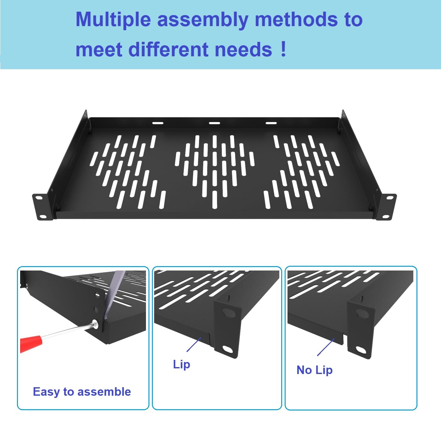 Beiyier 1U Universal Rack Shelf, 10″ Deep Vented Cantilever Tray, for 19” Network Equipment Rack & Cabinet (1PCS, Black)