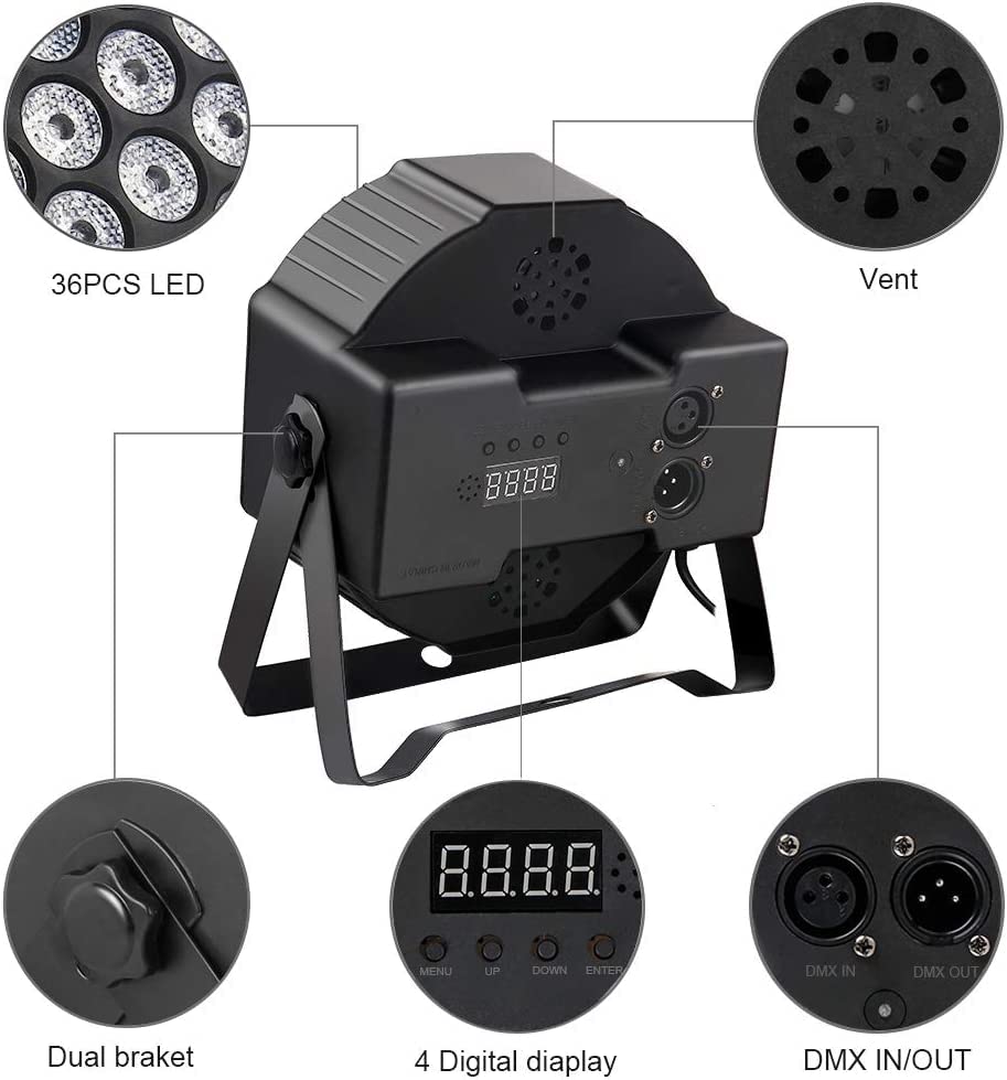 MOSFiATA Par Lights 2 Pack, RGB 36 LED Stage Light Sound Activated DMX Control, 7 Modes Uplighting with Remote Control Stage Lighting, DJ Party Light for Club KTV Disco Party(2 Pack)