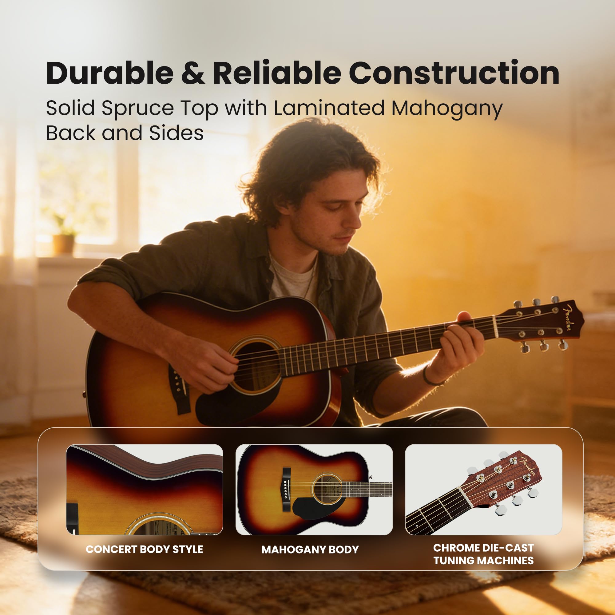 Fender CC-60S Solid Top Concert Acoustic Guitar – 3-Color Sunburst Bundle with Gig Bag, Tuner, Strap, Strings, Picks, and Austin Bazaar Instructional DVD