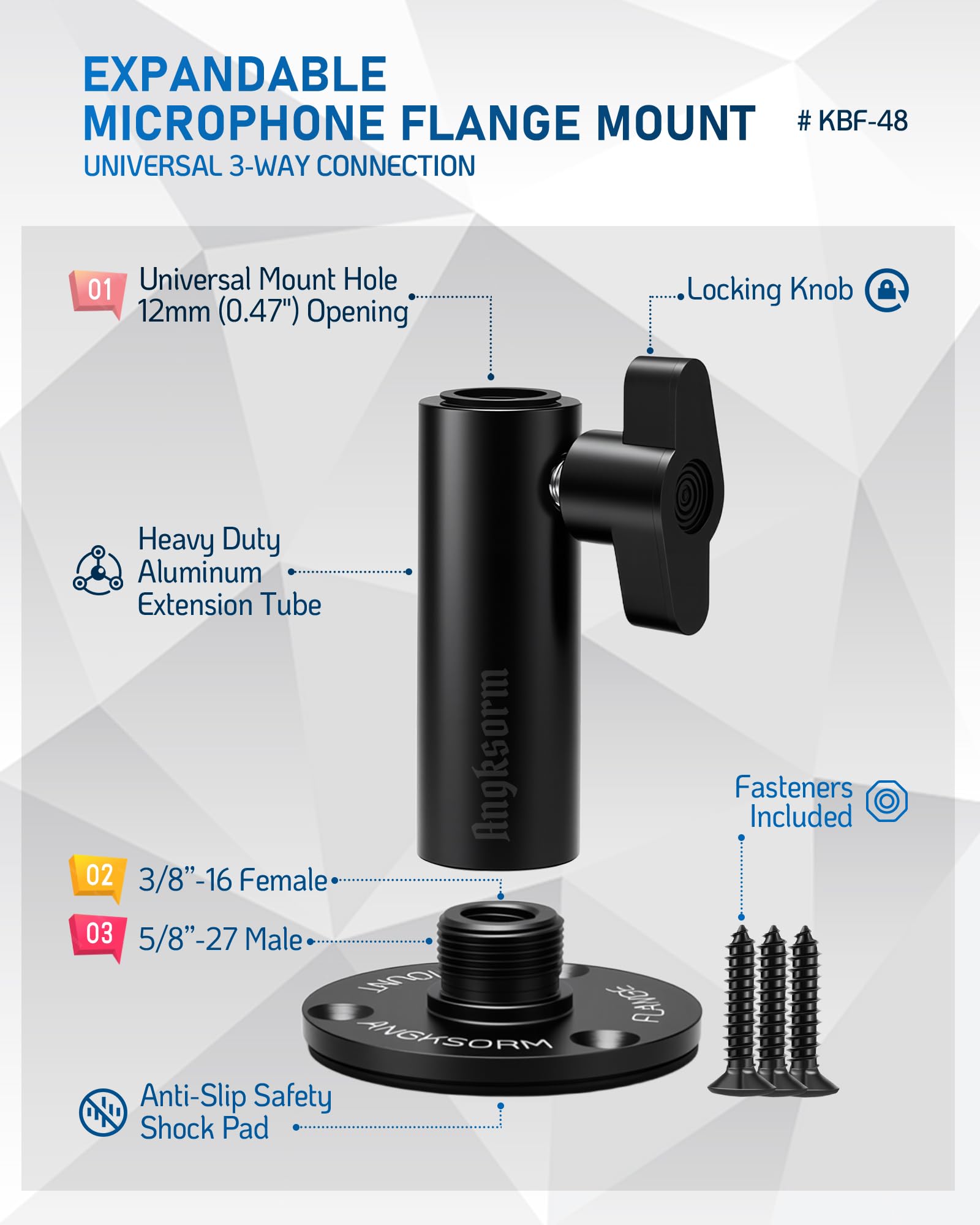 KBF-48 Microphone Flange Mount, 12mm Socket, 5/8-27 and 3/8-16 Threads