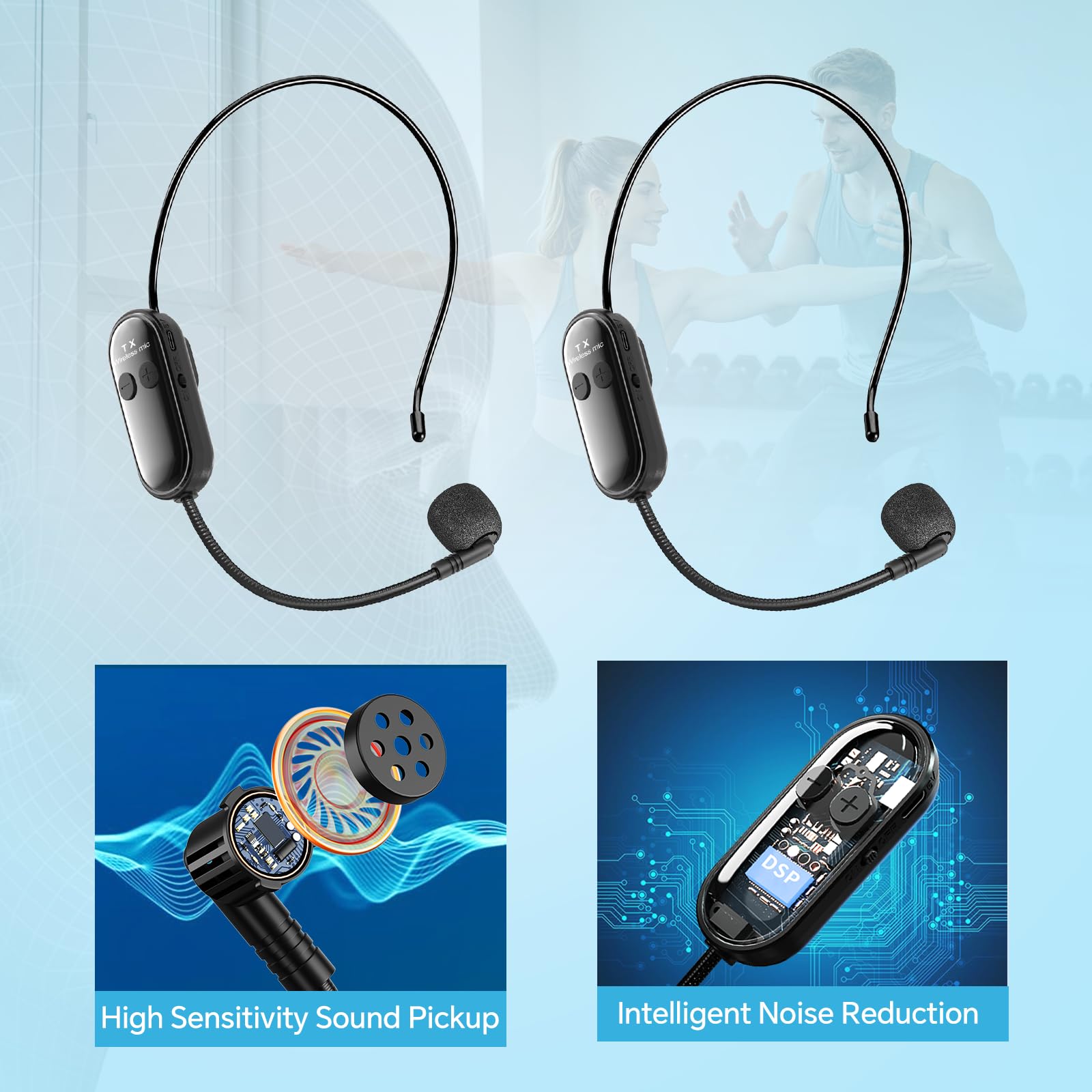 XIAOKOA Wireless Headset Microphone System for 2 People, 2.4G Dual Head Mic