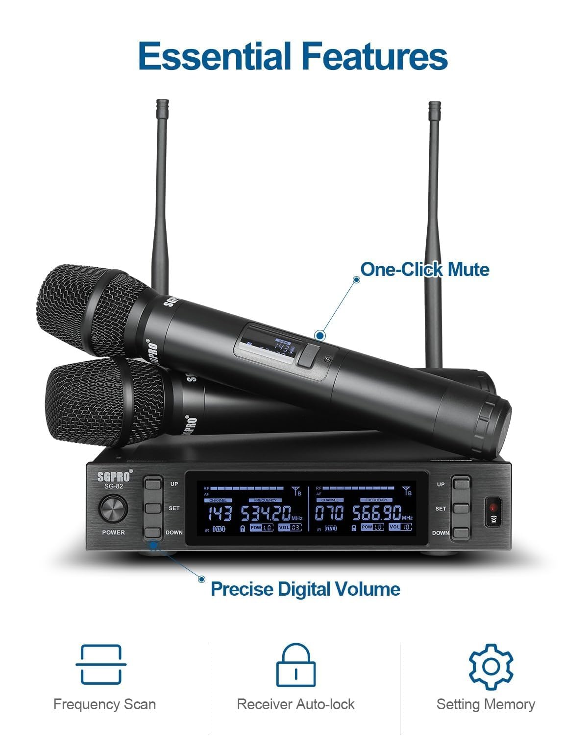 SGPRO SG-82HH Dual Handheld Wireless Microphone System, 520-590 MHz