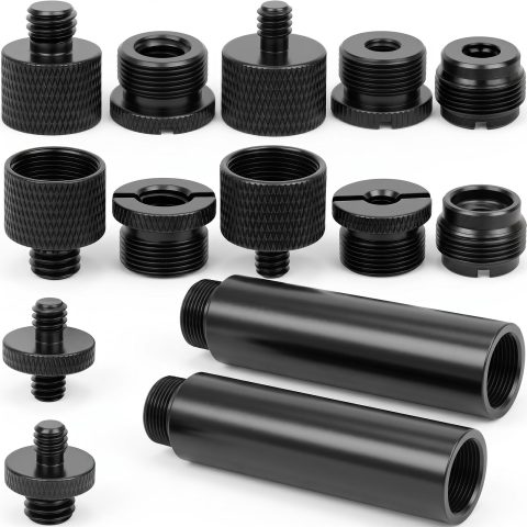 14 Pcs Mic Stand Adapter Set with 2 Extension Tubes, 1/4 to 5/8 & 3/8 to 5/8 Threaded Screw Mount for Microphone Boom Arm, Camera Tripod, Shock Mount(Black)