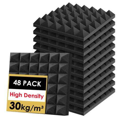 FONESO Acoustic Panels, High Density Soundproof Foam Panels for Walls, Sound Absorbing Panels, Acoustic Foam Panels Fire Resistant for Studio Recording (Black, 2″x12″x12″ 48Pack)