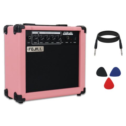Fojill 20W Watt Electric Bass Guitar Amplifier Amp Practice Small Portable Travel with Headphone Jack Aux Distortion Gain Treble Bass Presence Volume Jack (Pink)