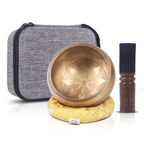 Kmise Tibetan Singing Bowls Set- Handmade in Nepal Meditation Sound Bowls for Yoga, Meditation, Mindfulness, Healing and Chakra Balancing, Stress Relief (5′, Gold Flower)