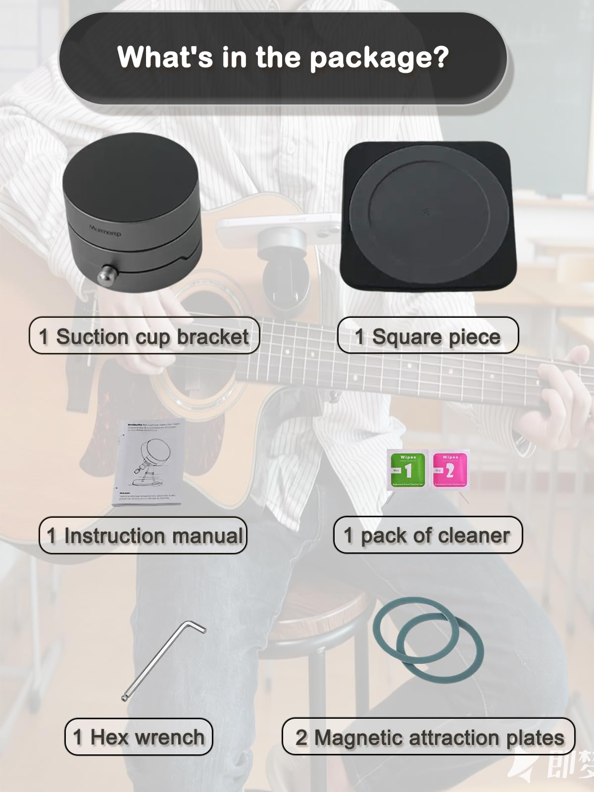 Rubierine Guitar Phone Holder for iPhone/Android, Vacuum Suction Magnetic Phone Mount with 17 N52 Magnets, 360° Rotating Palm-Size Holder for Acoustic and Electric Guitar, Bass and Ukulele