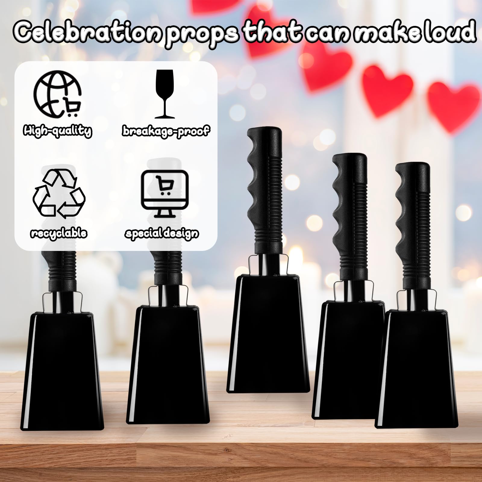 9 Inch Black Cow Bell Noise Makers with Handle Black Steel Cowbell for Sporting Events Cheering Graduation Decor Football Games Party (Black)