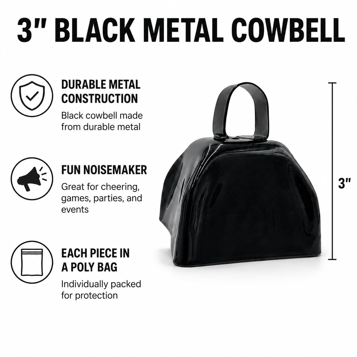 The Dreidel Company Black Metal Cowbell Noisemaker Cheering Bell, New Years, School Classroom, Wedding Bells & Chimes Percussion Musical Instruments Call Bell Alarm, 3″ – (12-Pack)