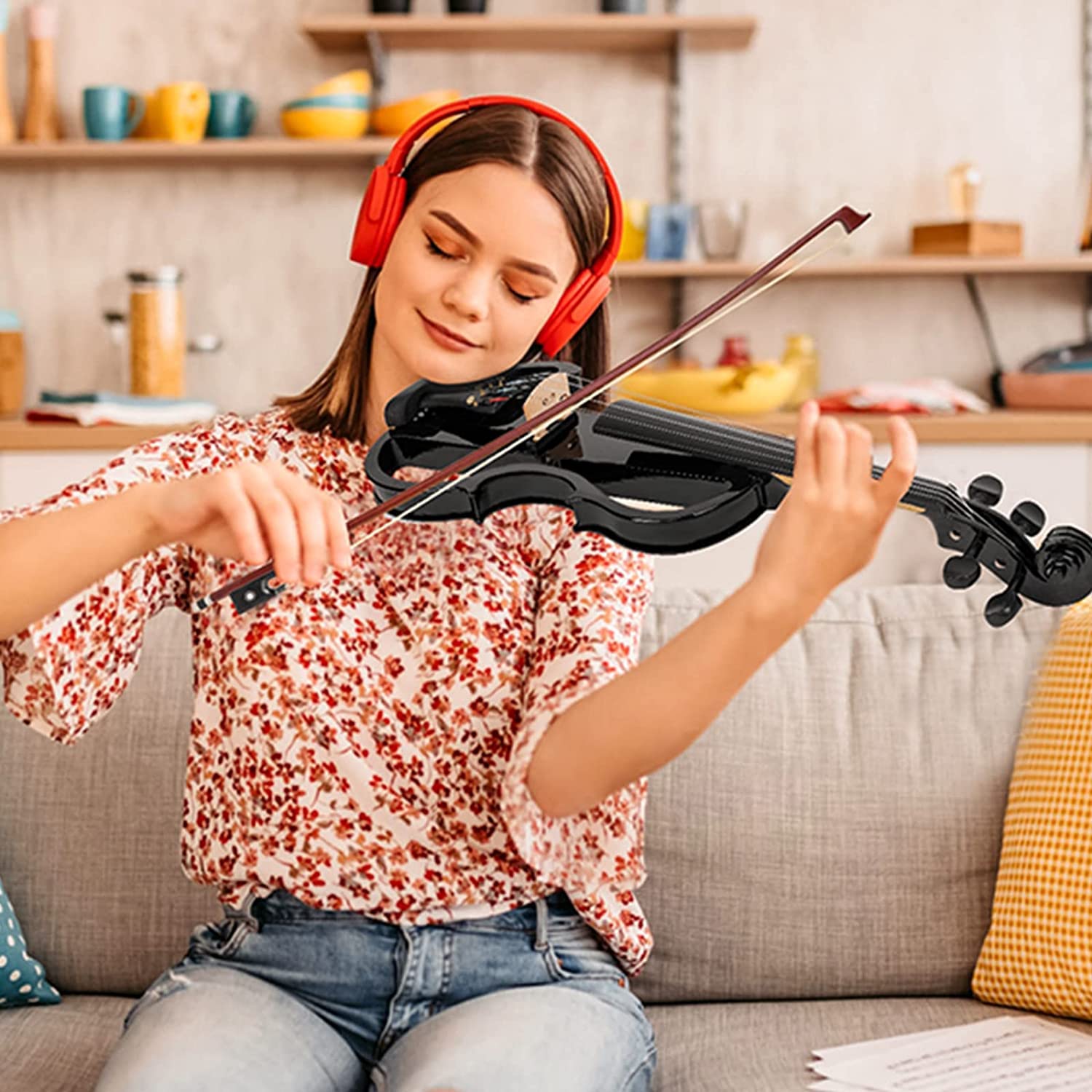 Vangoa Electric Violin 4/4 Full Size Silent Electronic Violin Fiddle, Black