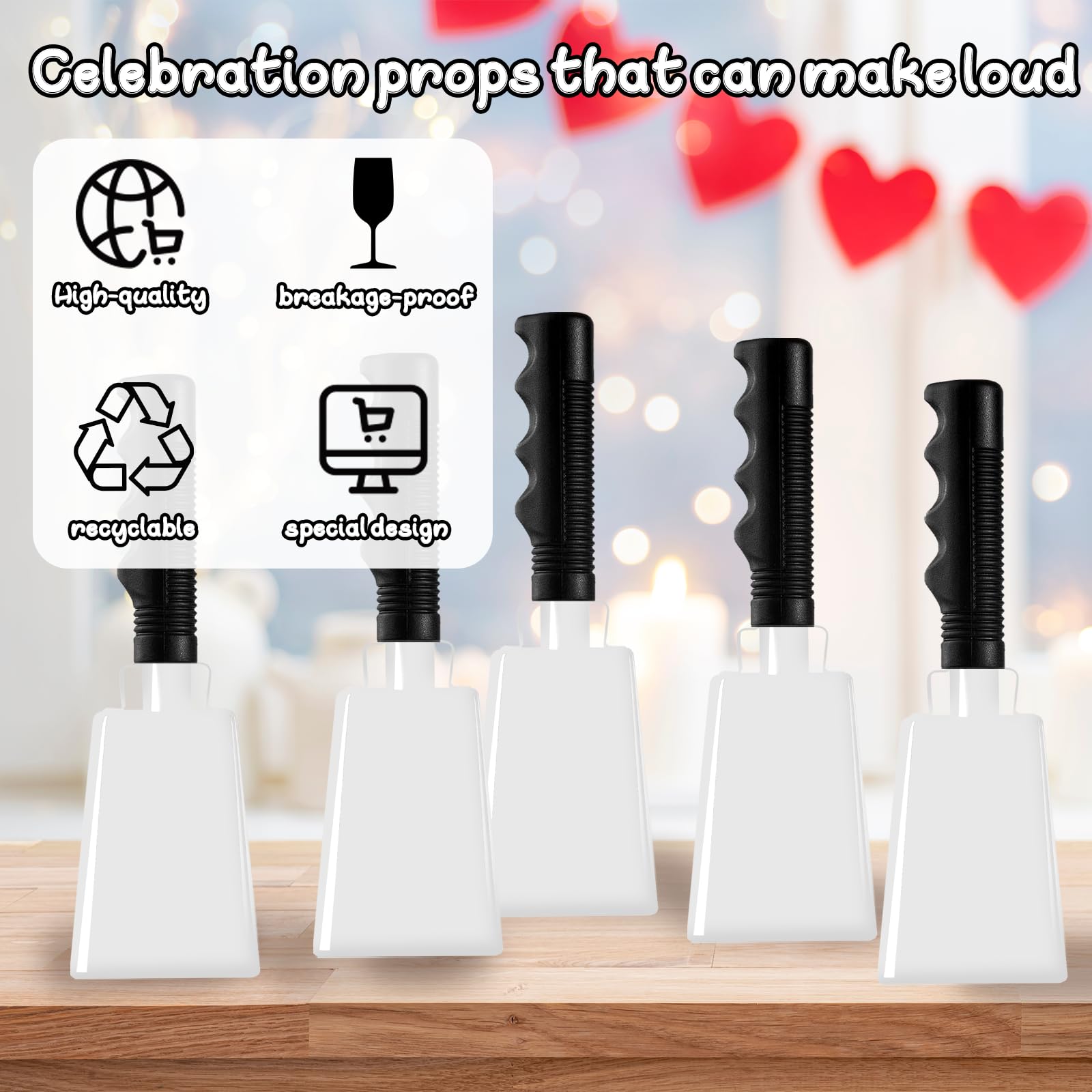 9 Inch White Cow Bell Noise Makers with Handle Black Steel Cowbell for Sporting Events Cheering Graduation Decor Football Games Party (White)