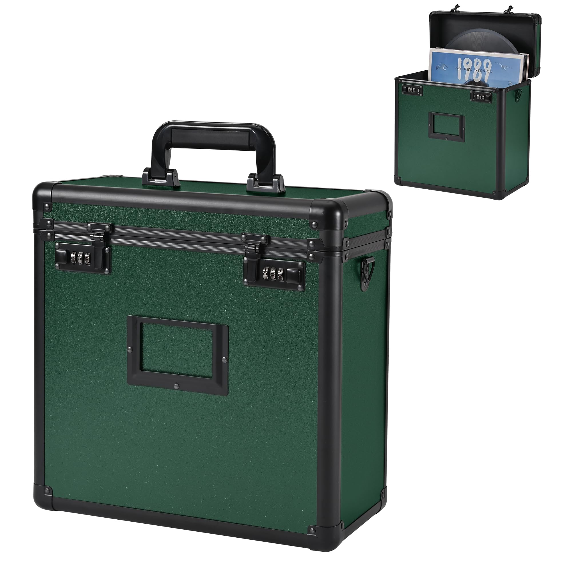 GALHUBIS Vinyl Record Box, Lockable Album Organizer, Holds 32 LPs, Green