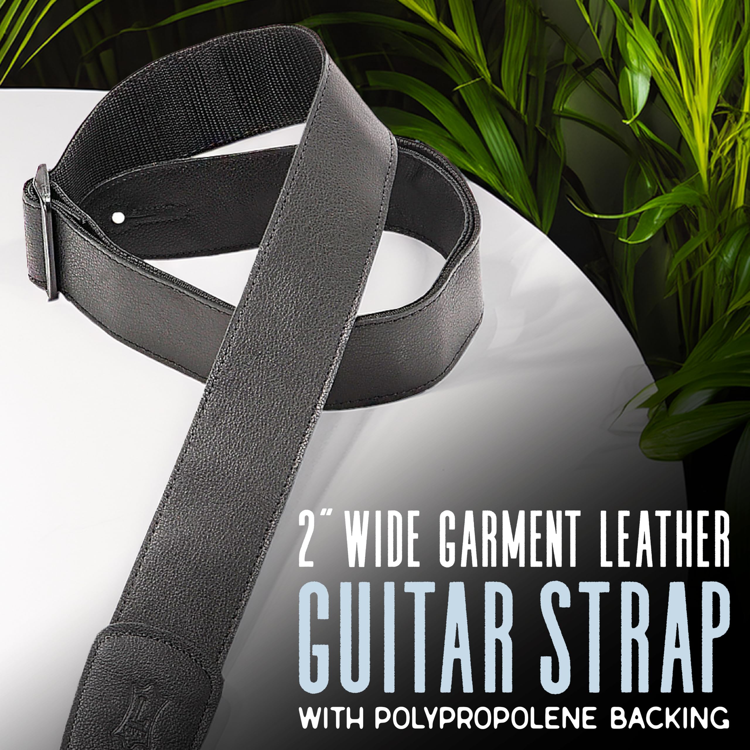 Levy’s Leathers 2″ Wide Black Garment Leather Guitar Strap with Polypropolene Backing and Tri-Glide Adjustment, White (M7GP-WHT)