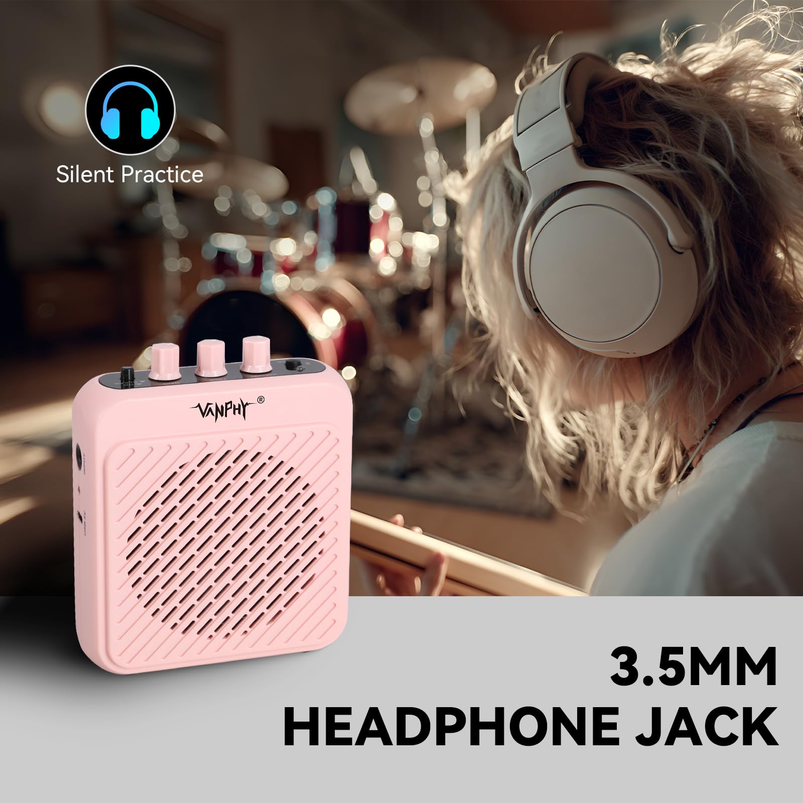 VANPHY Mini Electric Guitar Amplifier 3W Rechargeable Bluetooth Guitar Amp with Clean Overdrive Channel 5H Working Portable Small Amp for Indoor Practice and Traveling AG-03N Pink