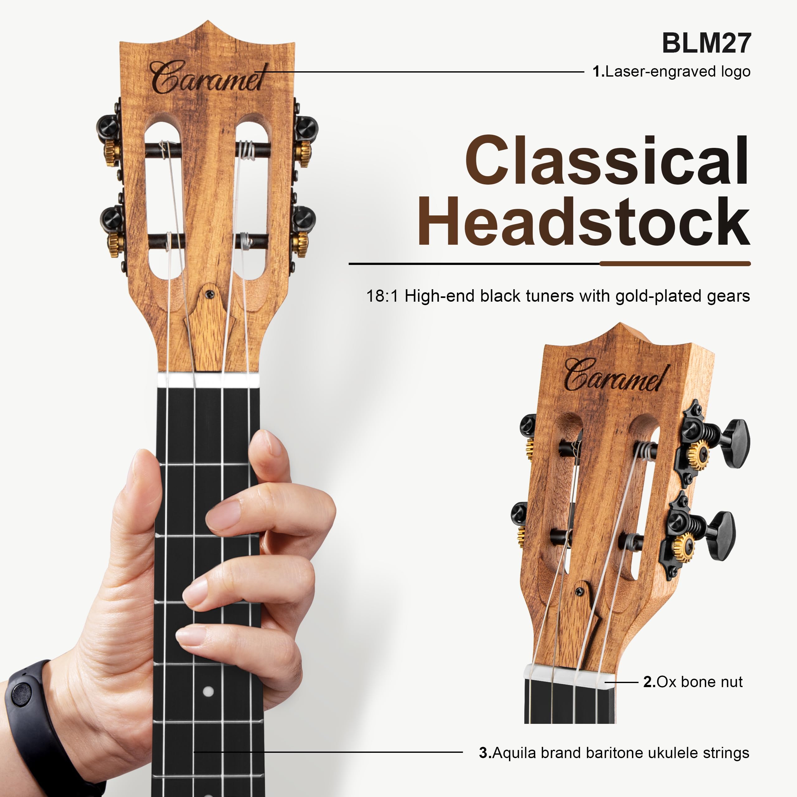 Left Handed – Caramel BLM27 Acacia Baritone Acoustic & Electric Ukulele