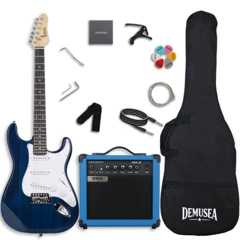 Trans Blue Electric Guitar With 20W Amplifier Set SSS Pickup Single Tremolo Solid Wood Build Starter Practice Bundle Kit(ST, Trans Blue)