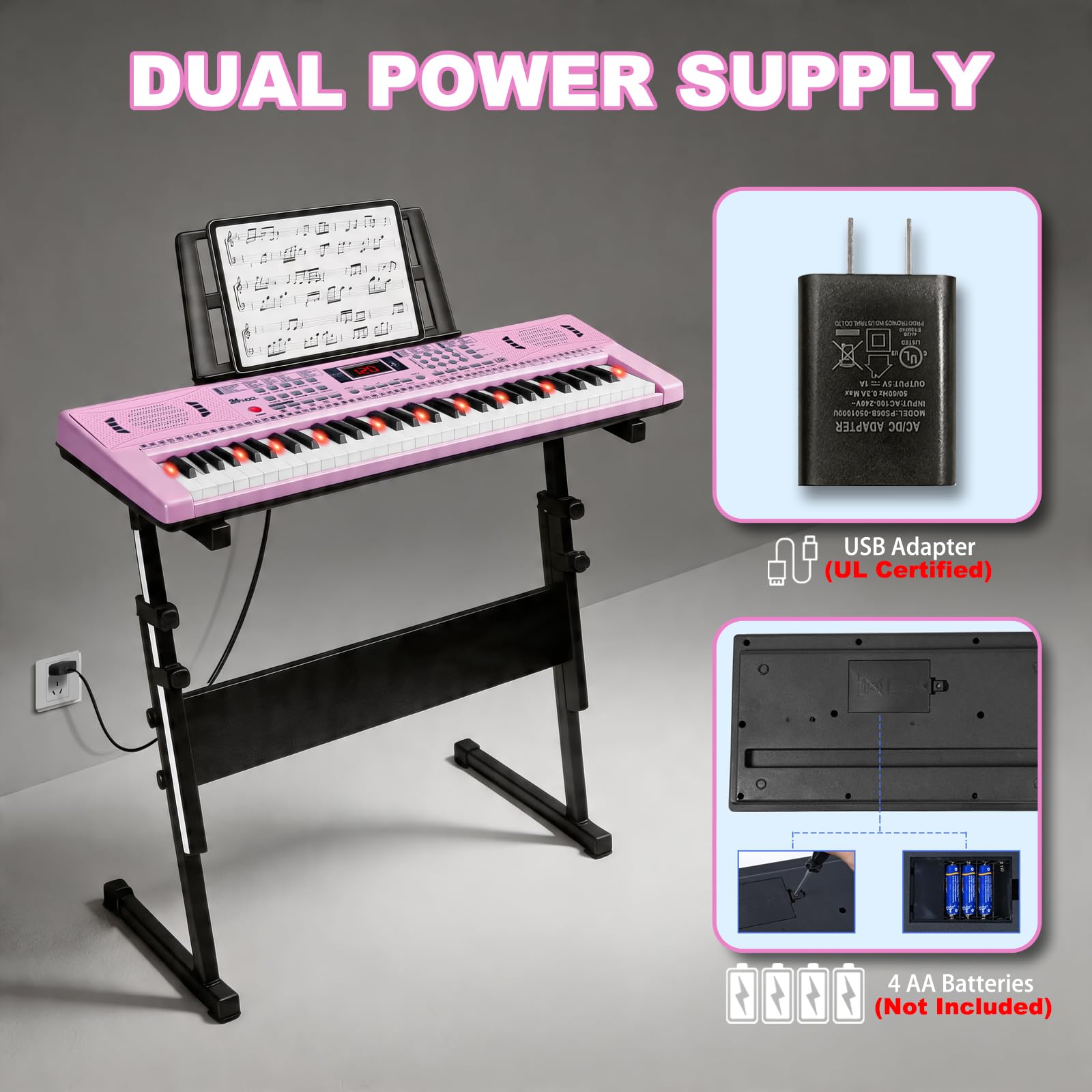 Electronic Keyboard Piano 61 Lighted Keys for Kids (Pink with Stand)
