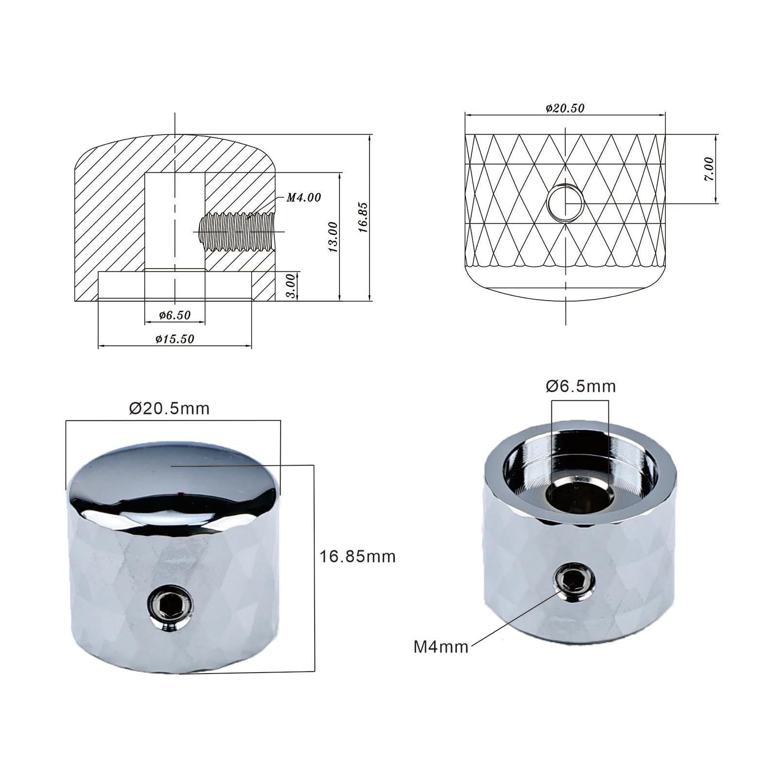 OVSAL 2Pcs Aluminum Alloy Electric Bass Guitar Knobs Speed Control 6.5mm(1/4″) Potentiometer Shaft Dome Metal Volume Tone Knobs for Electric Bass Guitar Replacement Parts (Chrome)