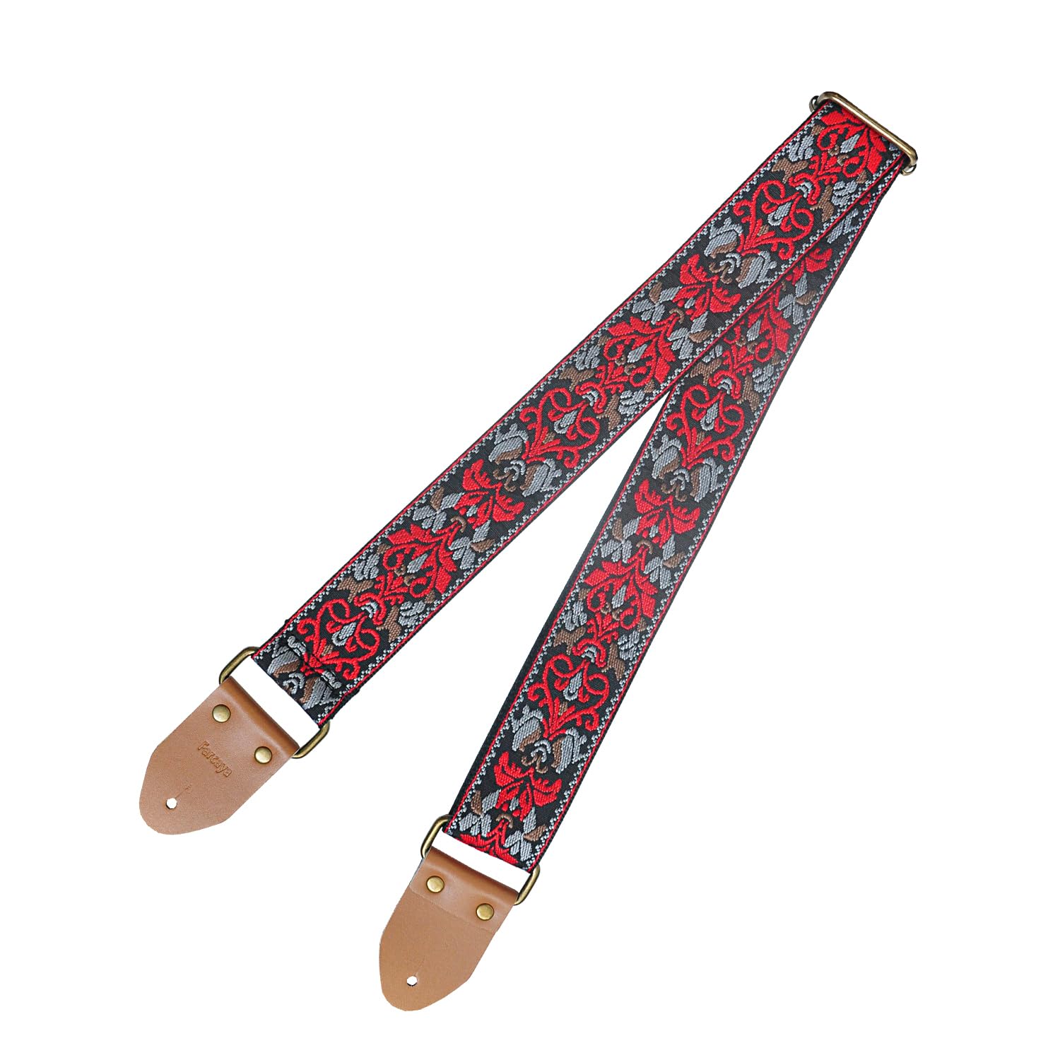 Farcaya Guitar Strap Embroidered Weave Flower Adjustable Shoulder Strap with 2Strap Lock Button 3Picks Headstock Strap Tie for Acoustic Electric Bass(Red+Grey)