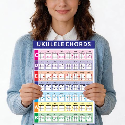 Dinggaogao Laminated Ukulele Chord Chart, 11.2” x 8.2” Music Theory Poster – 2-Pack, Beginner-Friendly with Circle of Fifths, PVC Material, Tear-Resistant & Waterproof
