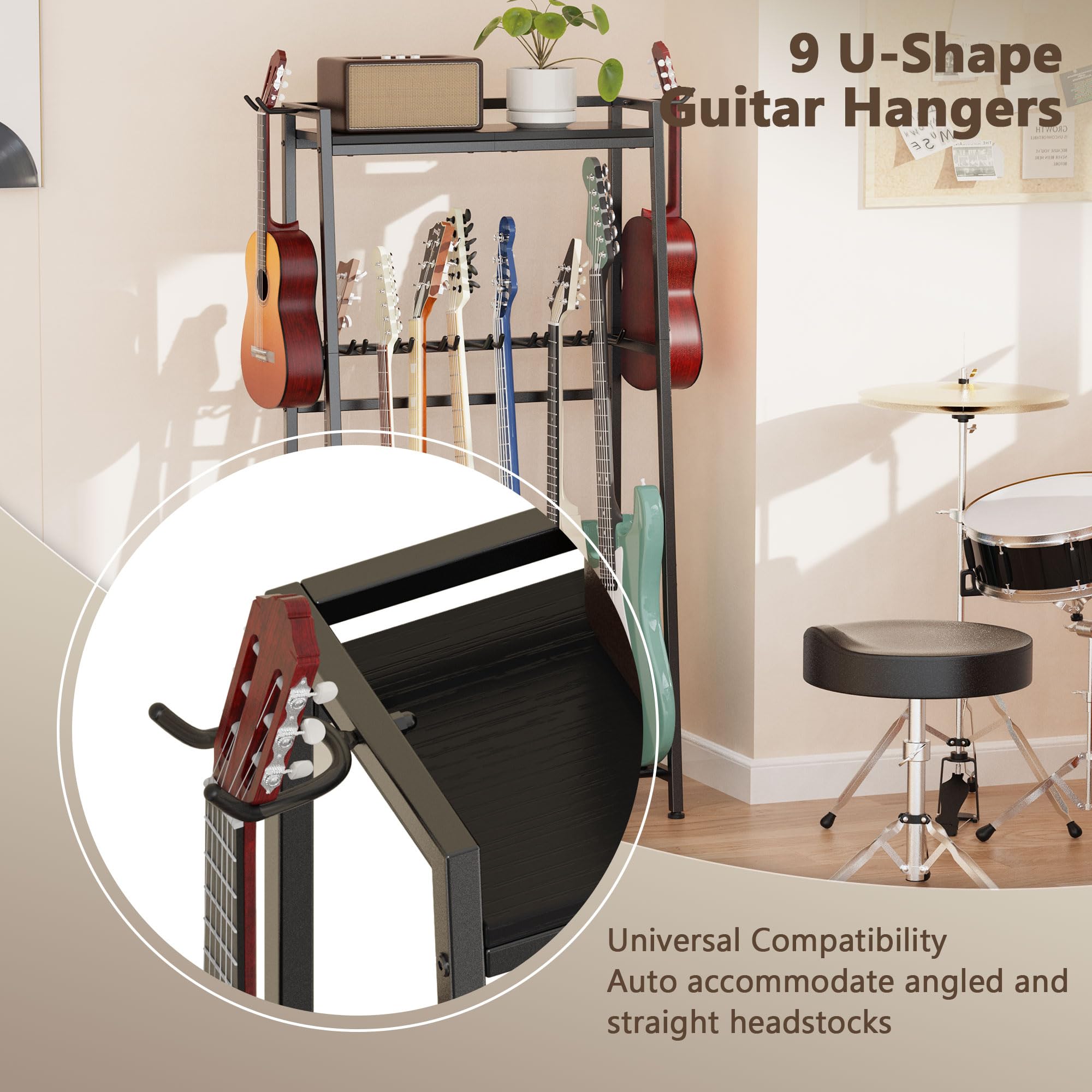 Vantimo Guitar Stand, Guitar Rack Holder for Acoustic Guitar, Electric Guitar, Bass Display Stand, Multiple Guitar Rack Holder for 7-9 Guitars, Guitar Amp Accessories, for Home Music Studio, Black