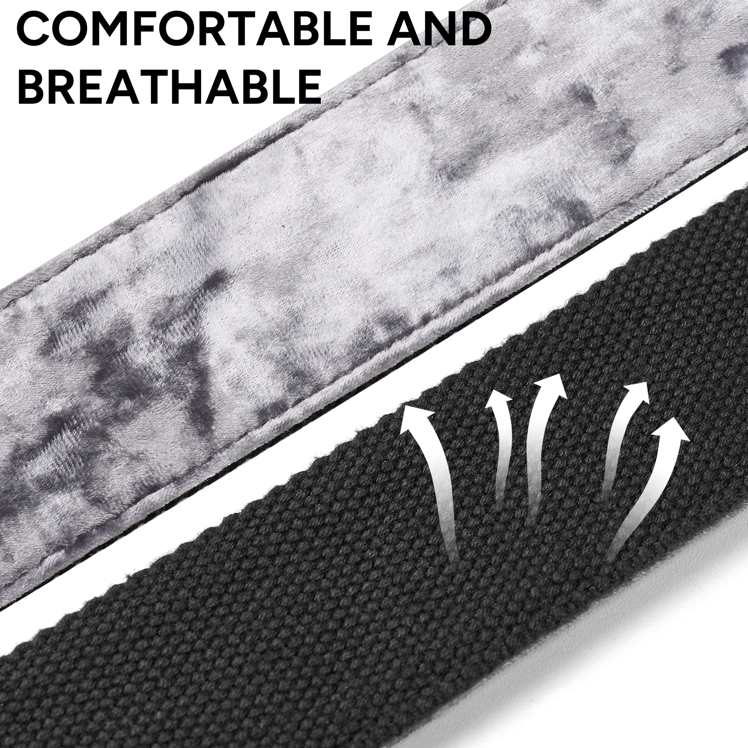 Amumu Flocked Velvet Guitar Strap with Microfiber Leather Ends – Guitar Accessories – Fits Acoustic, Electric Guitar and Bass – Silver