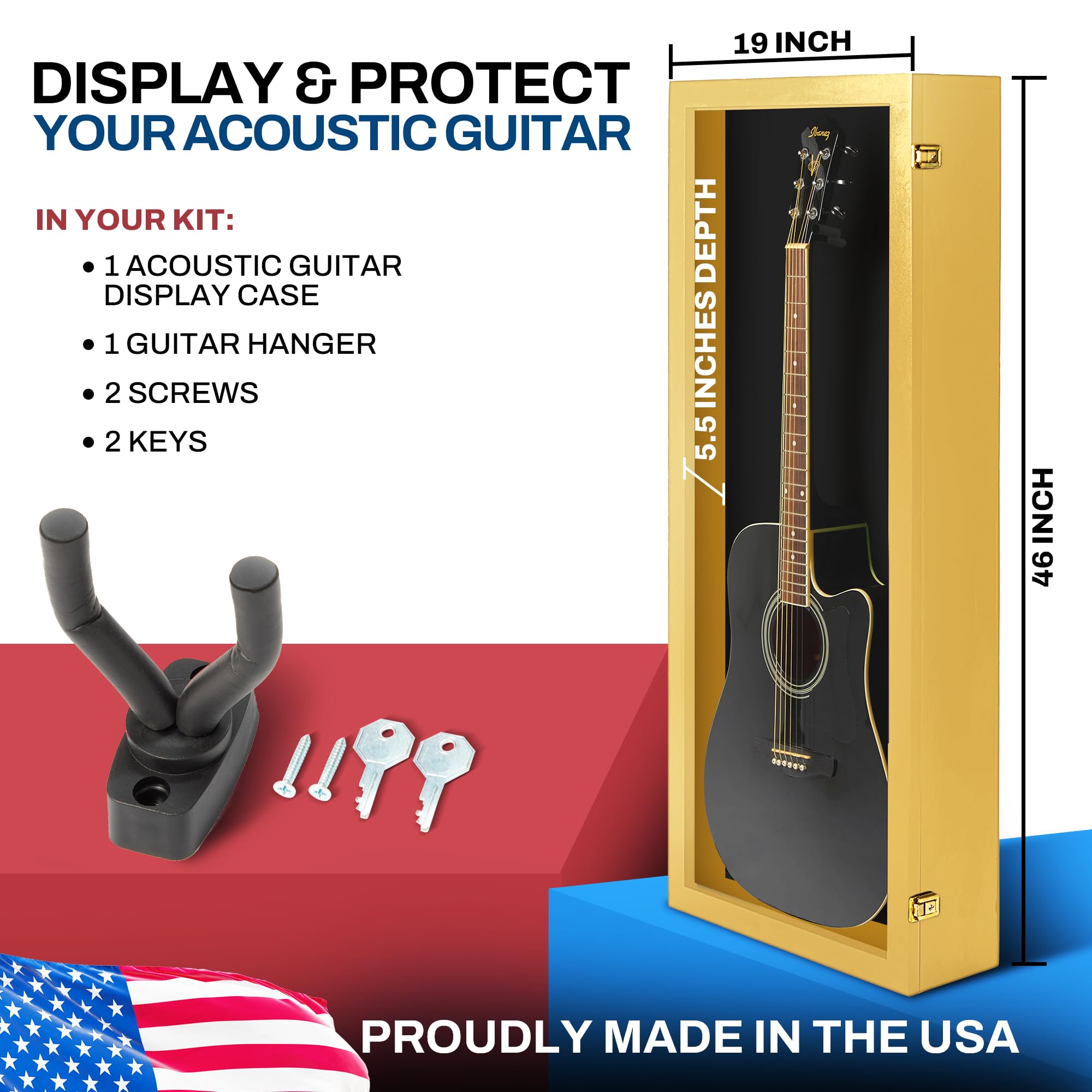 PENNZONI Acoustic Guitar Display Case – Acrylic Acoustic Guitar Case – Guitar Display Case Wall Mount Made from Hardwood Frame & Clear Acrylic – Golden Oak w/Black Felt
