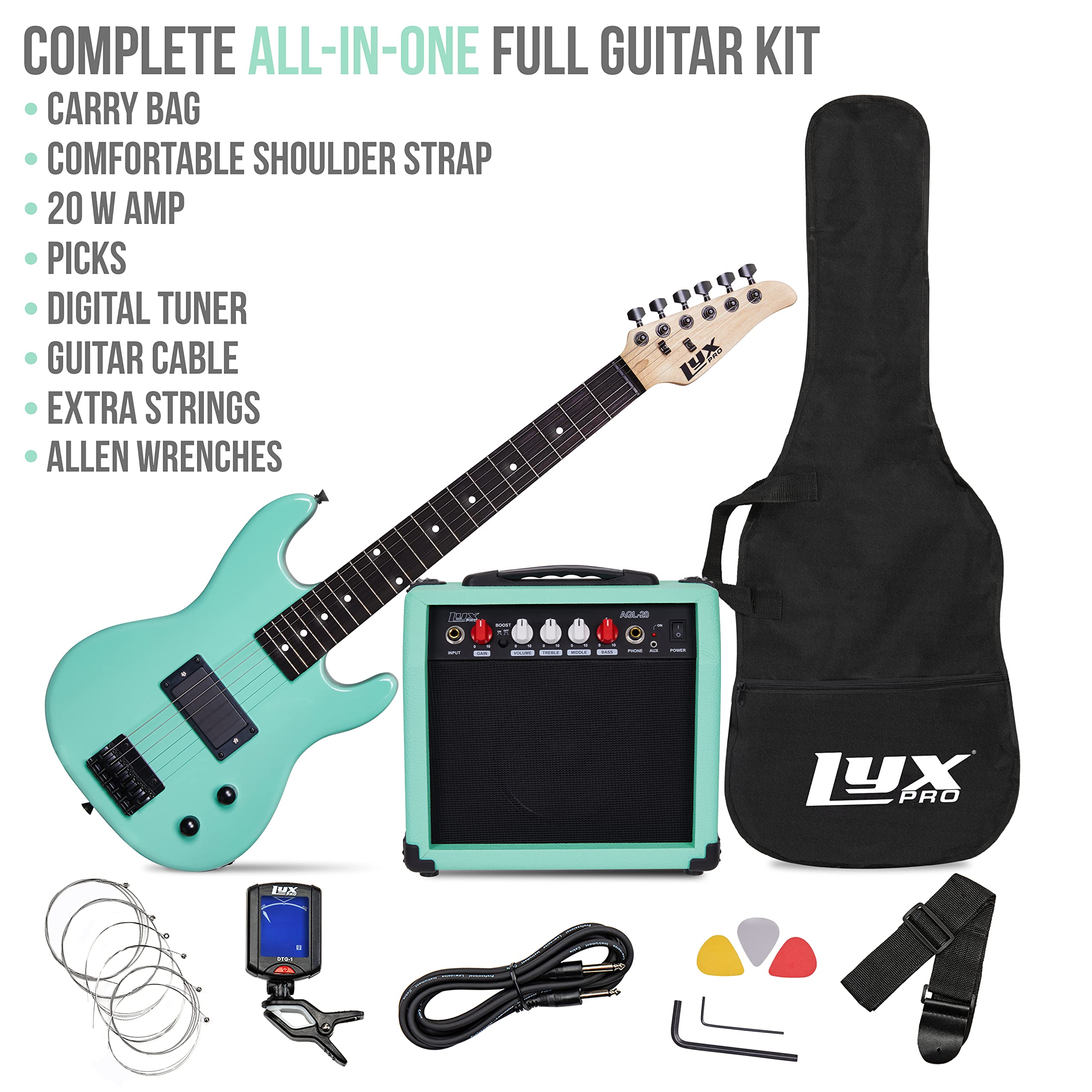 LyxPro 30 Inch Electric Guitar and Starter Kit for Kids with 3/4 Size Beginner’s Guitar, Amp, Six Strings, Two Picks, Shoulder Strap, Digital Clip On Tuner, Guitar Cable and Soft Case Gig Bag – Green
