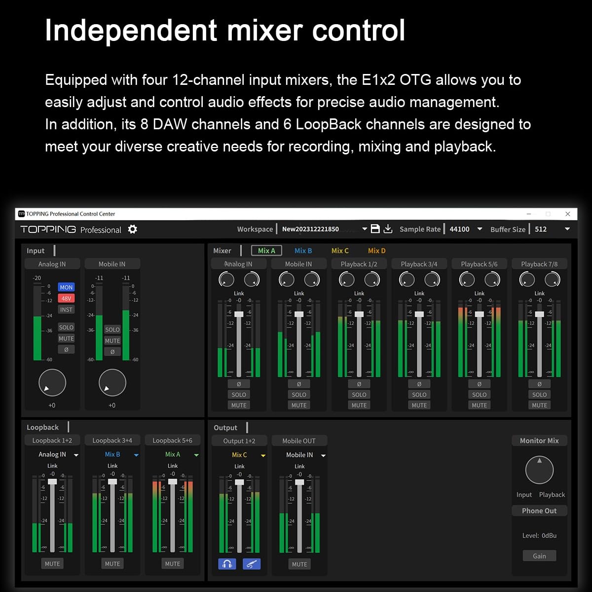 TOPPING E1X2 OTG USB Audio Interface | XLR Mic Preamp, 48V Phantom Power, 24bit/192kHz, 8 DAW/6 Loopback Channels, PC & Mobile Recording, Dual Livestream, Zero-Latency Mixer, High-Res Playback(Black)