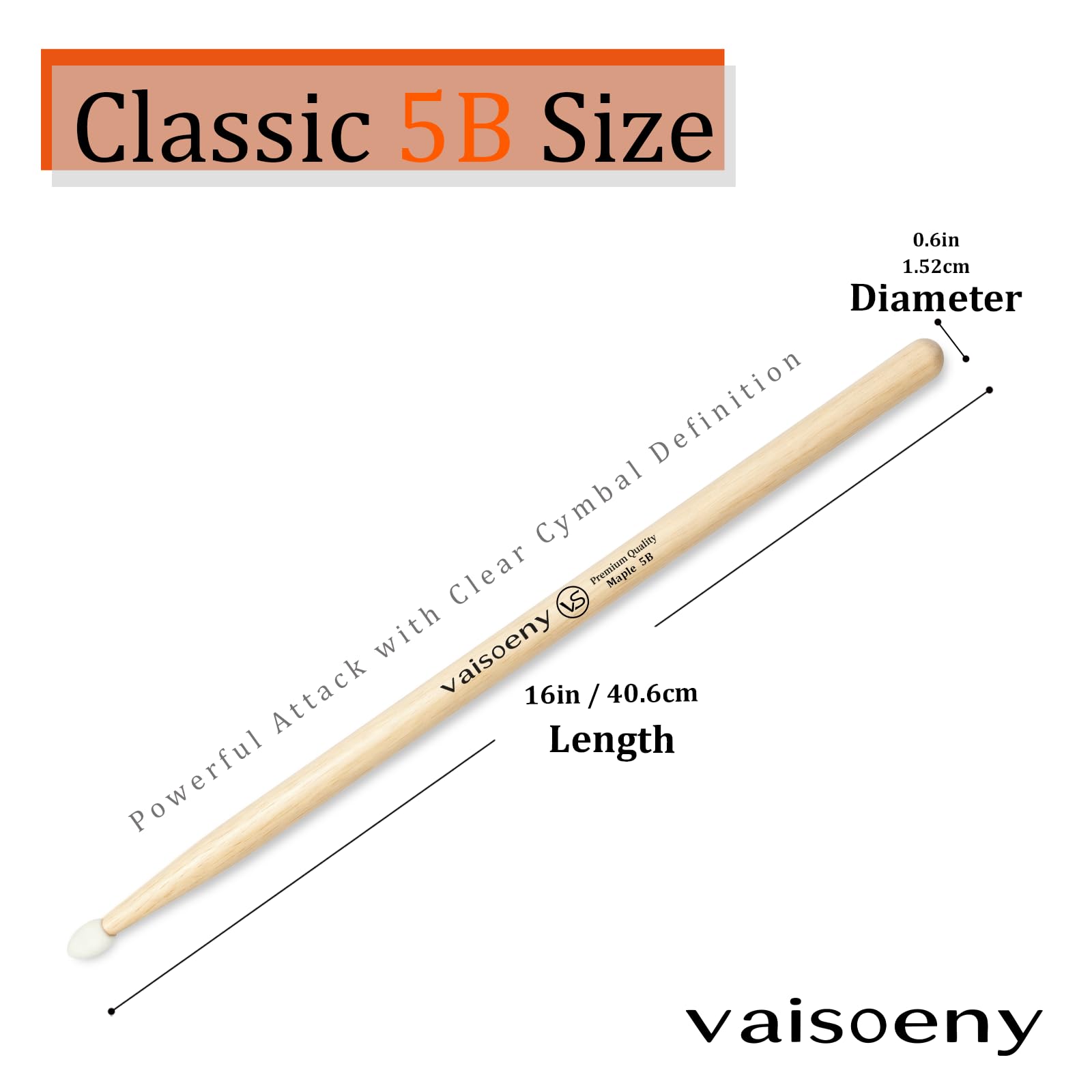 VAISOENY Drum Sticks, Maple 5B Drumsticks with Teardrop Nylon Tip, 12 Pairs