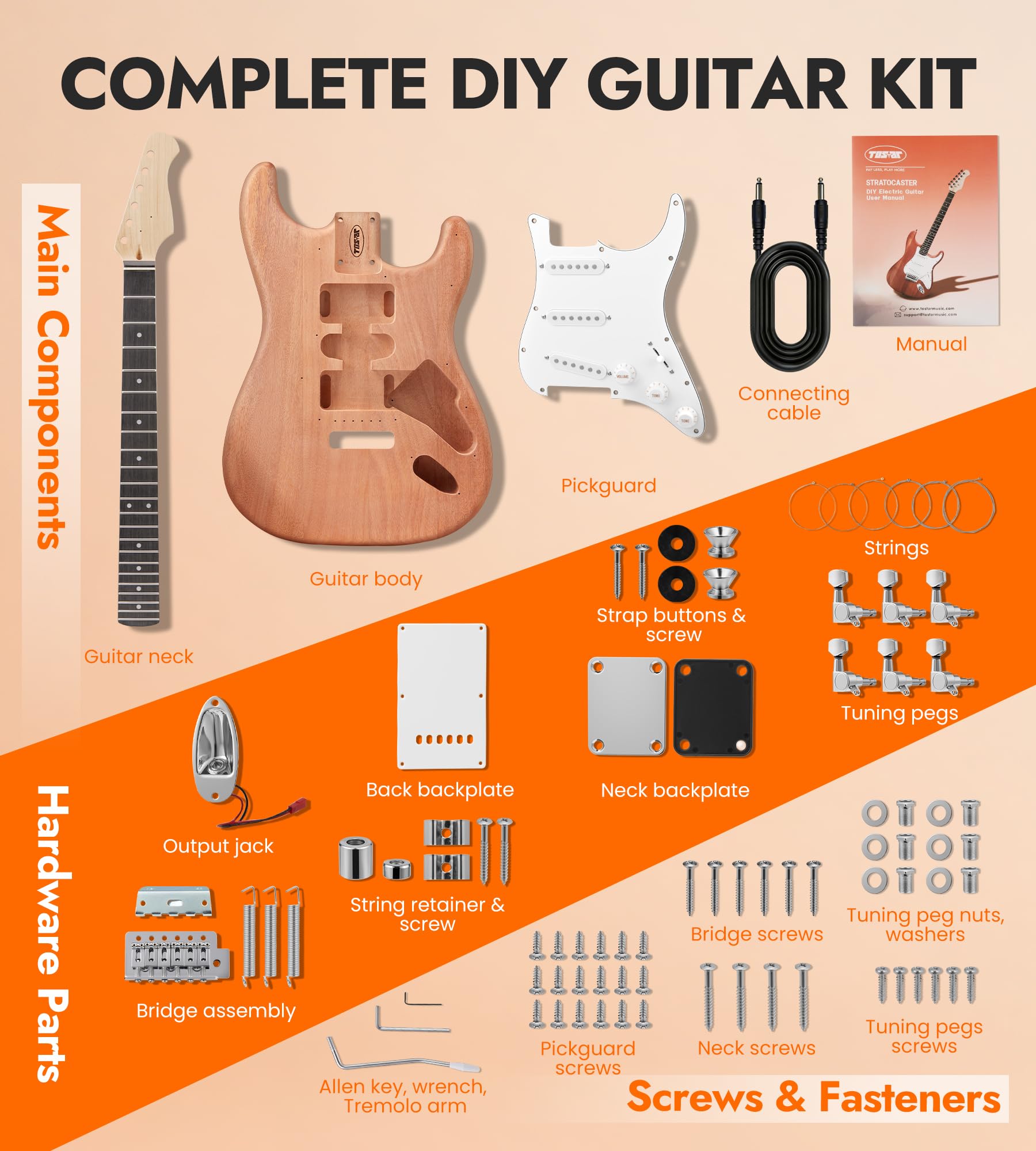 Tostar DIY Electric Guitar Kit, Solderless, Multi Sanded Polished Body, ST