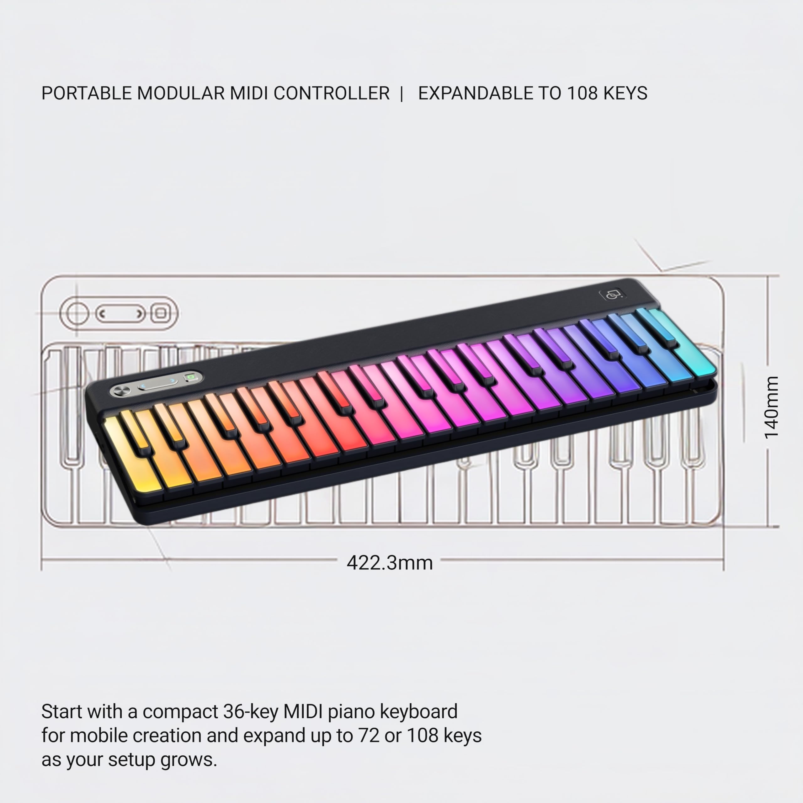 PartyKeys 36-Key Smart Piano, Portable Modular RGB MIDI Keyboard, Black