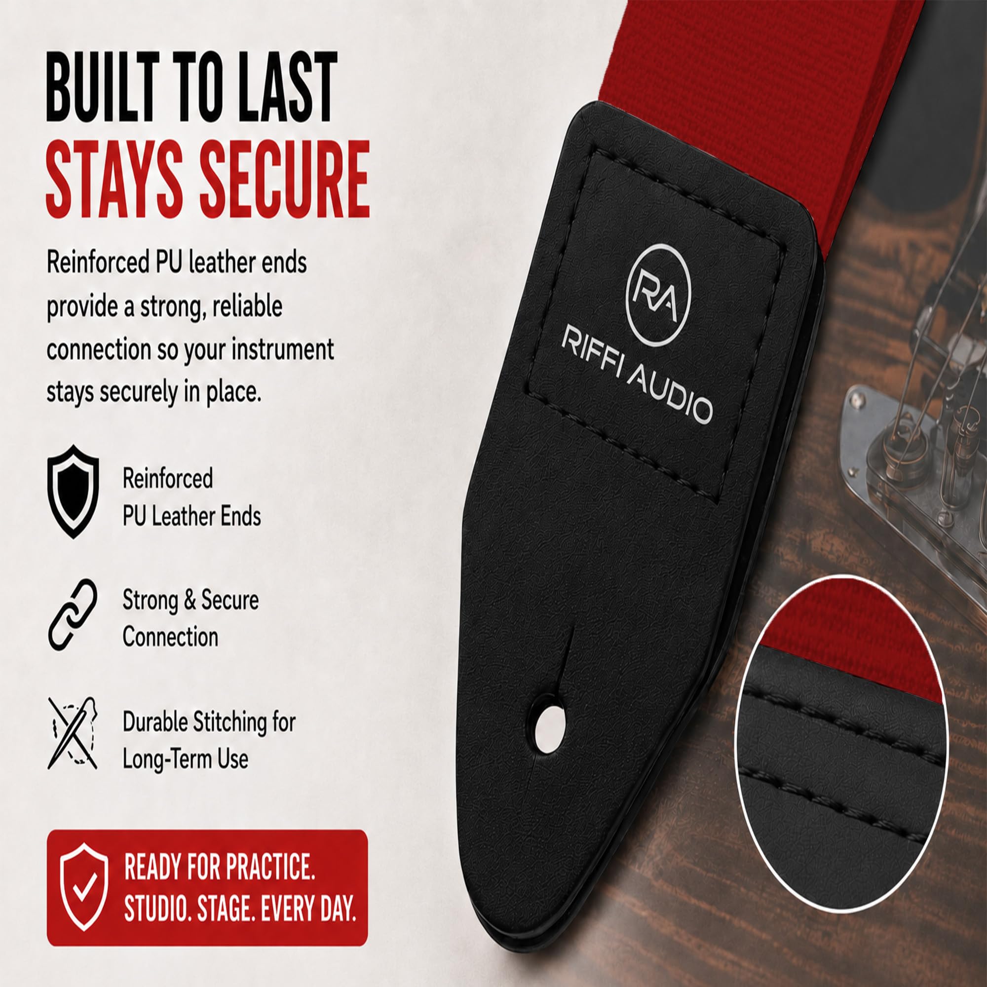 Riffi Audio Lite 1.0 Adjustable 2″ Wide Guitar Strap With Pick & Locks For Acoustic, Electric, And Bass Guitars (Red)