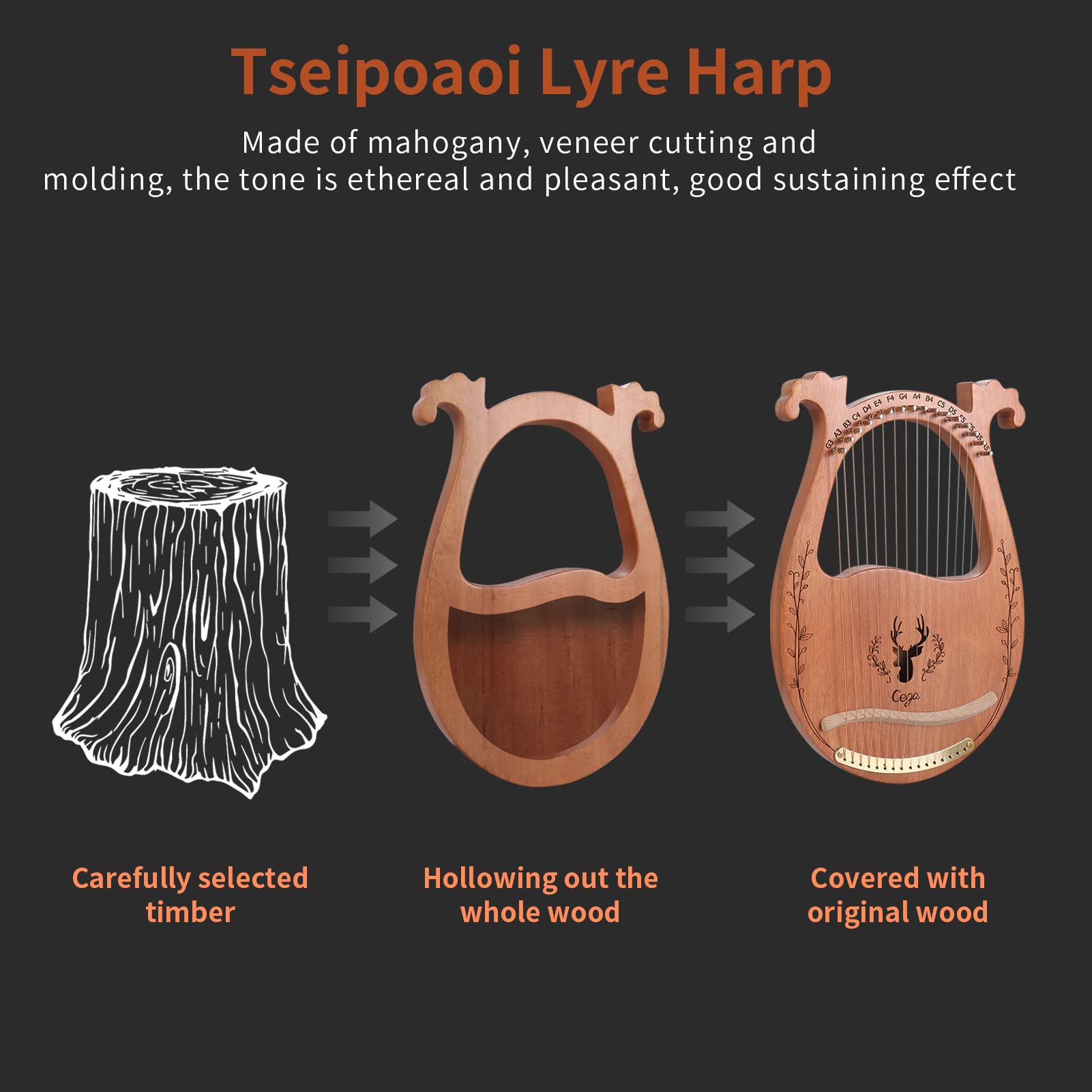 Lyre Harp, 16 Strings Mahogany Acoustic Lap Harp for Adults Beginners