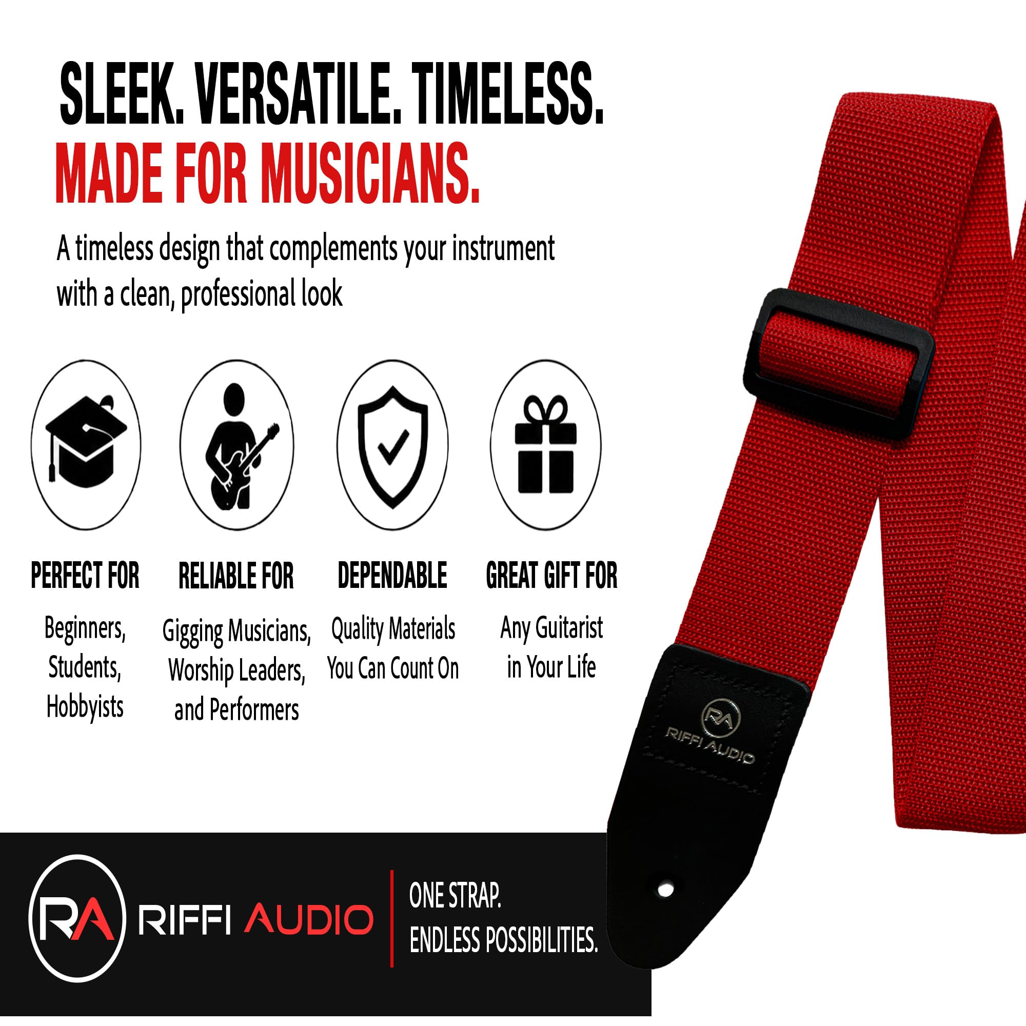 Riffi Audio Lite 1.0 Adjustable 2″ Wide Guitar Strap With Pick & Locks For Acoustic, Electric, And Bass Guitars (Red)