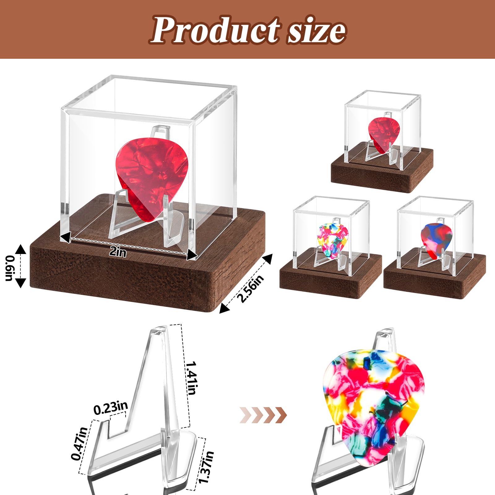 DoubleFill 1 Pcs Acrylic Guitar Pick Display Case with Wooden Base, Walnut