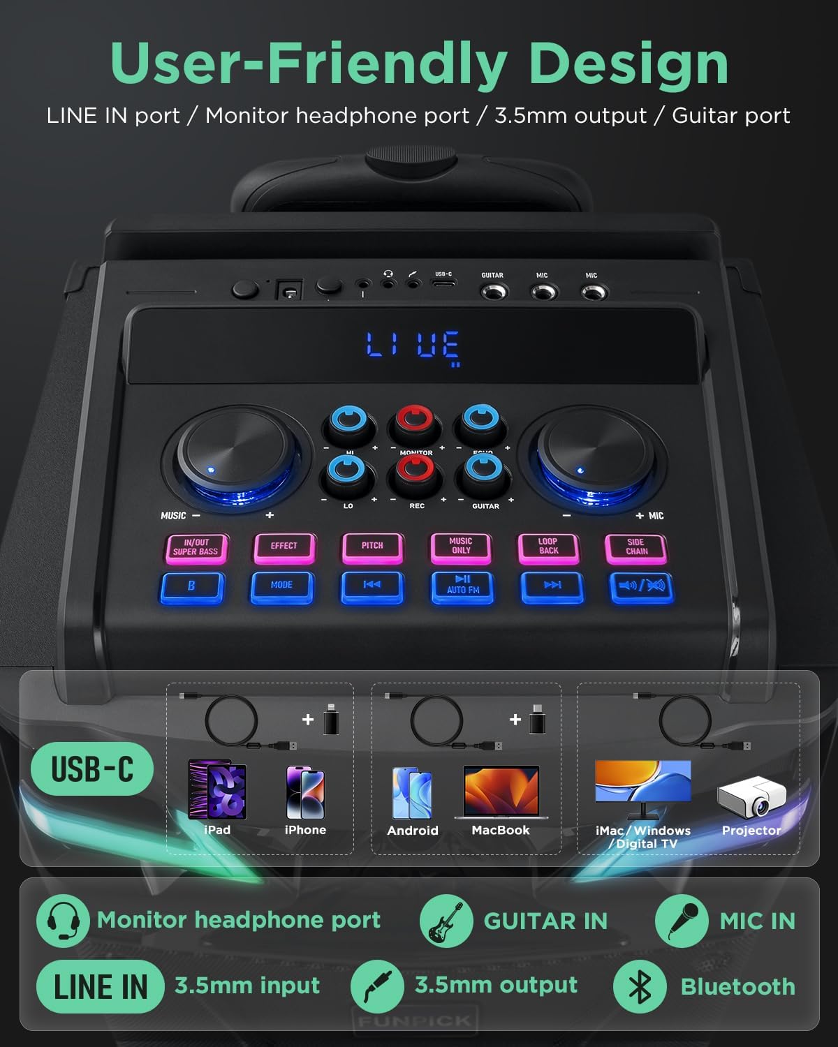 GPSK-1 DSP Bluetooth Karaoke Machine with 2 Microphones for Karaoke Parties and Live Streaming, Professional Karaoke Speaker with Digital Recording,Sound Effect,DJ Lights,FM (6.5 inch)