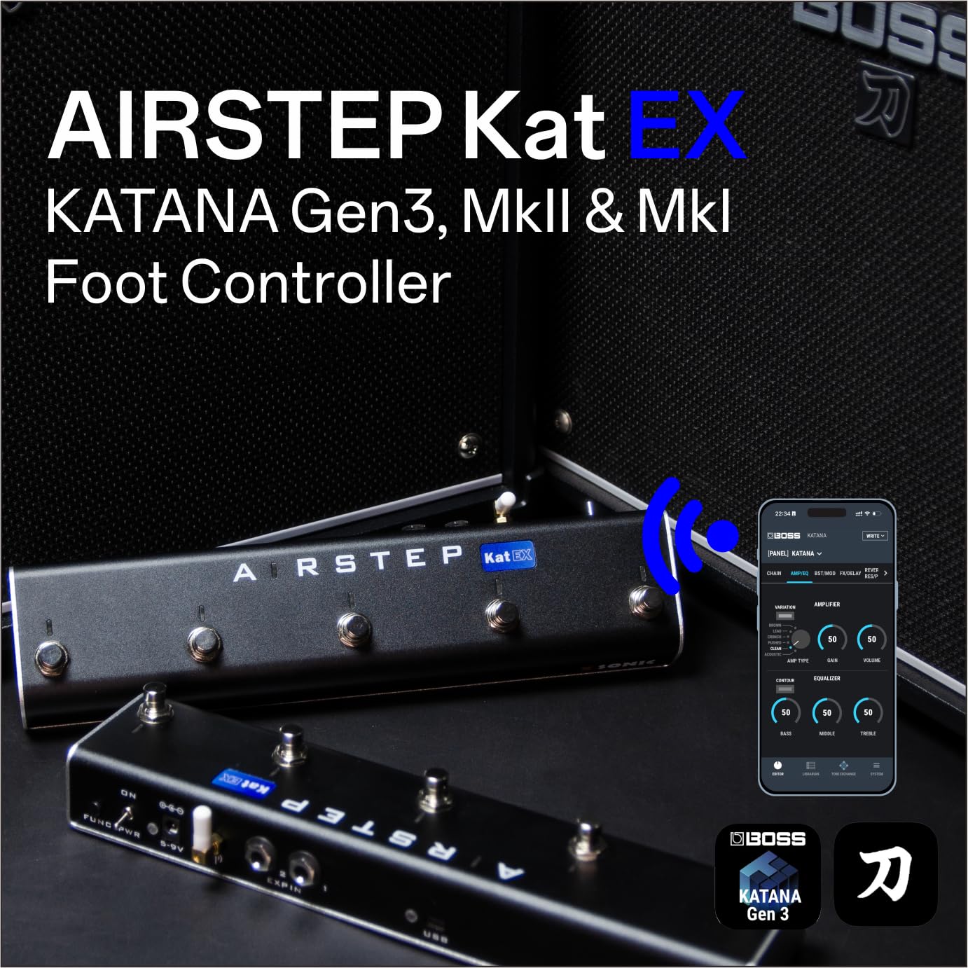 XSONIC Airstep Kat EX, KATANA Gen3, MkII & MkI Footswitch, 3 Control Modes, Change Effect Type, 2 expression pedal inputs, Modify Amp sound with BTS App for iOS and Android