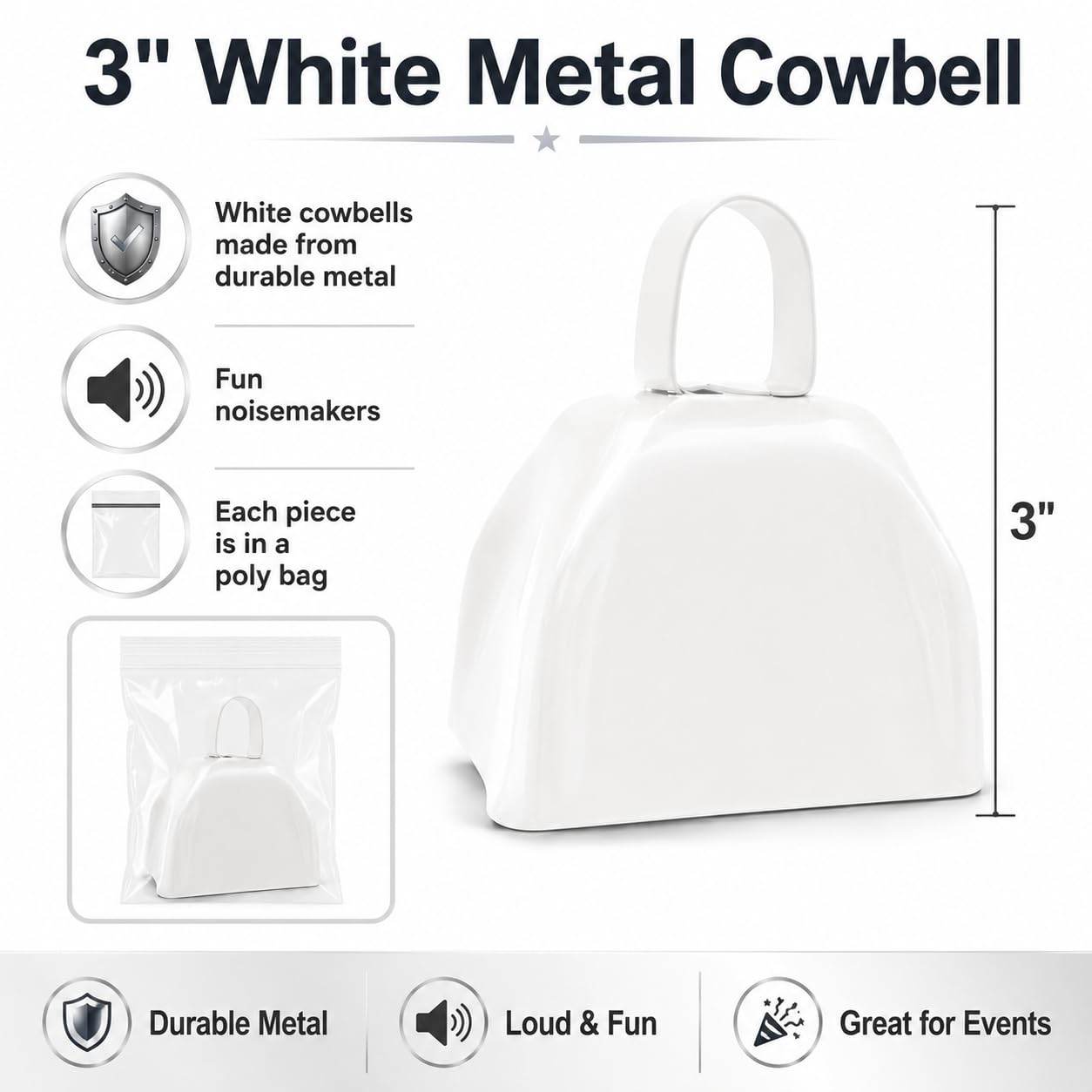 The Dreidel Company White Metal Cowbell Noisemaker Cheering Bell, New Years, School Classroom, Wedding Bells & Chimes Percussion Musical Instruments Call Bell Alarm, 3″ (6-Pack)