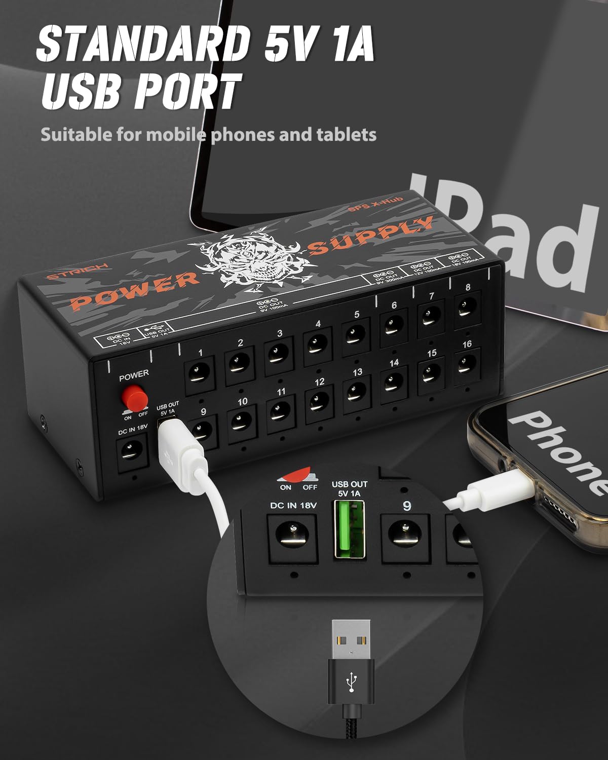 STRICH SPS X-Hub Guitar Pedal Power Supply, 16 Outputs, 9V/12V/18V