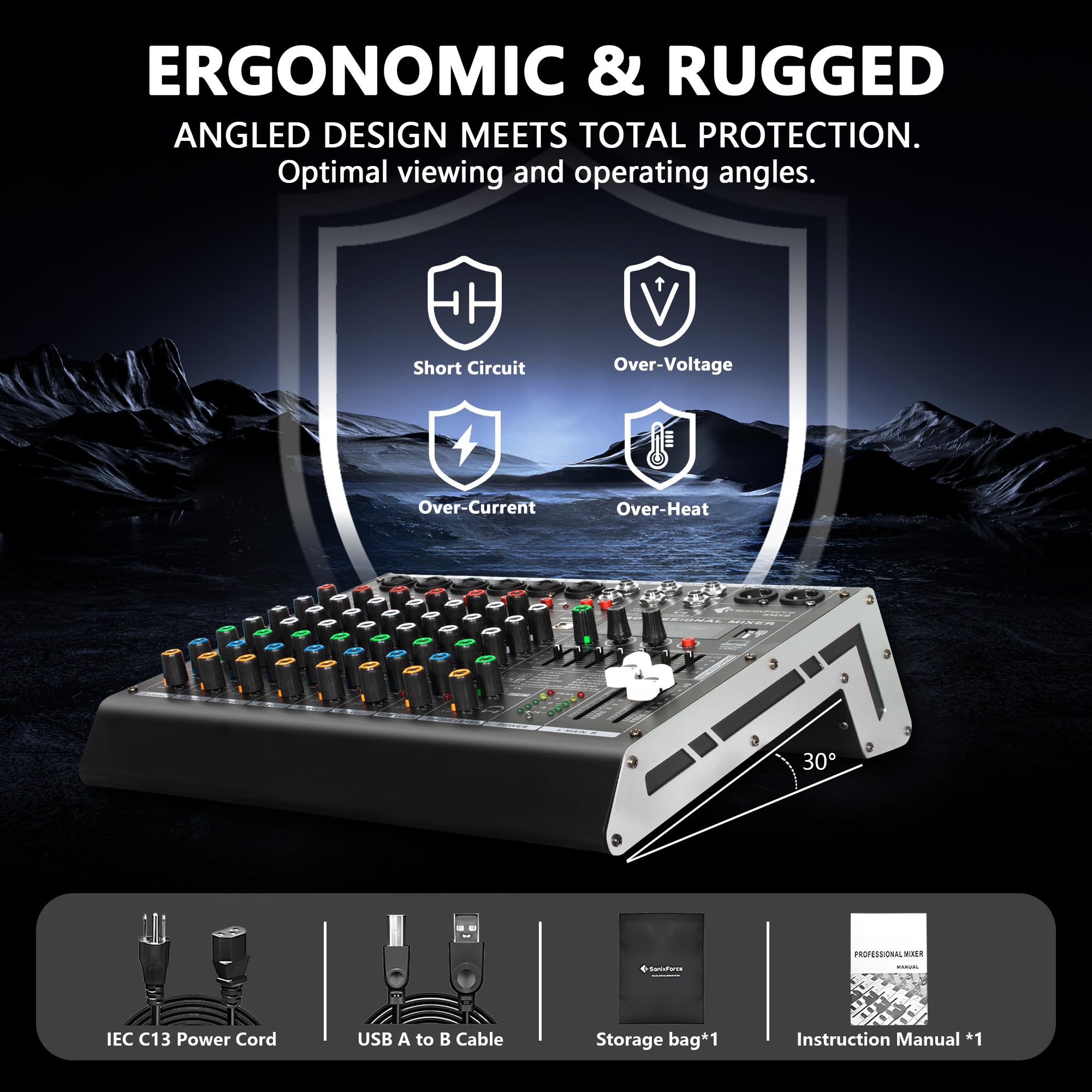SonixForce 8 Channel Audio Mixer, 99 DSP Effects Sound Board Console