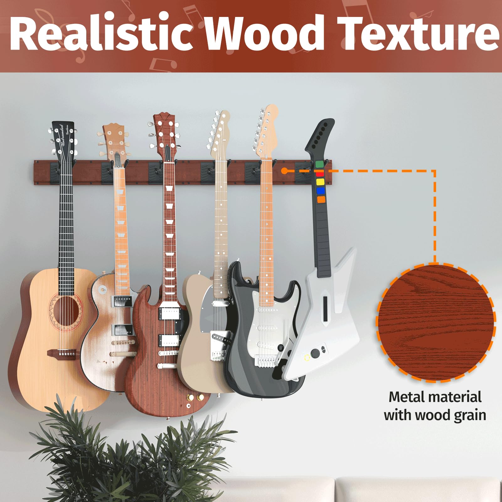 hjooytoi Guitar Wall Mount, Woodgrain Rack With 6 Adjustable Guitar Hangers, Guitar Wall Hanger With Pre-Drilled Holes, 48″ Alloy Steel Multiple Guitar Holder Stand,Brown