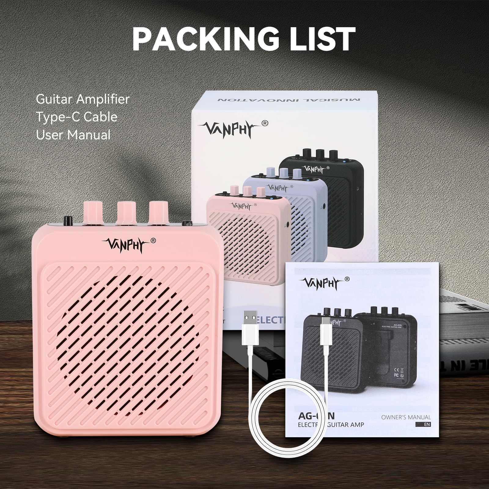 VANPHY Mini Electric Guitar Amplifier 3W Rechargeable Bluetooth Guitar Amp with Clean Overdrive Channel 5H Working Portable Small Amp for Indoor Practice and Traveling AG-03N Pink