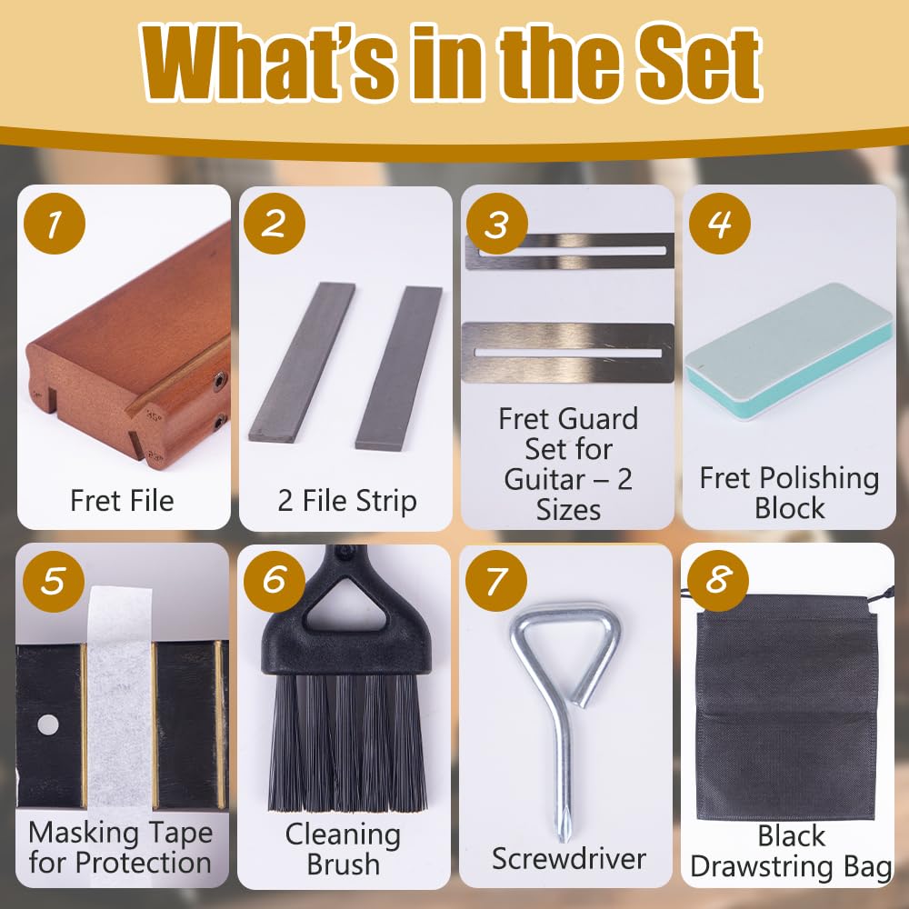3/23/35 Degree Walnut Fret End Beveling File – 3-in-1 Guitar Fret Dressing, Crowning & Beveling Tool – Luthier Kit with Fret File, File Strips, Fret Guard Set & More for Guitar, Bass, Ukulele & Banjo