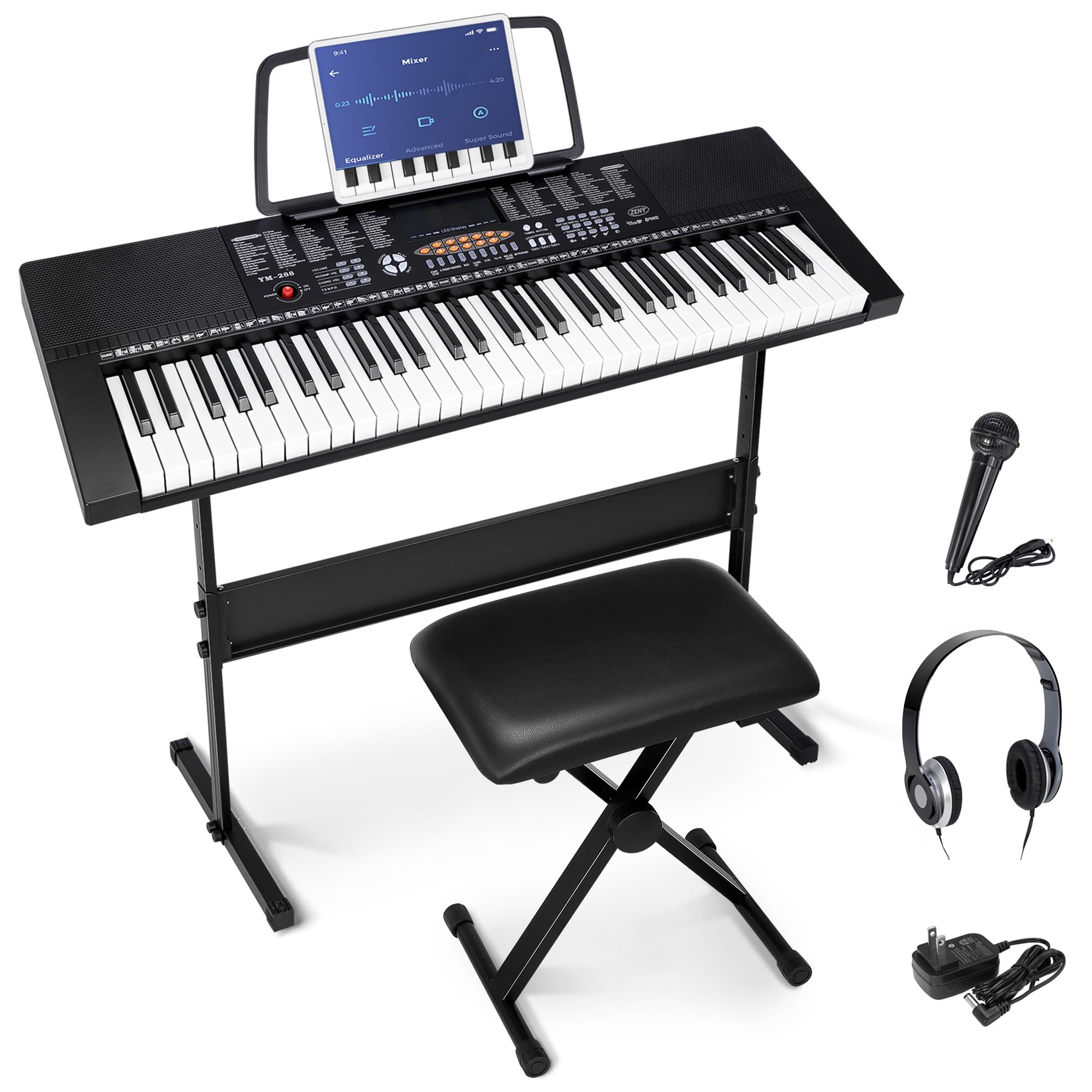 Smartxchoices 61-Key Electronic Keyboard Piano Stand Portable LED Display Keyboard Kit with Adjustable Stand, Adjustable Stool, Headphones, Microphone & Music Rest