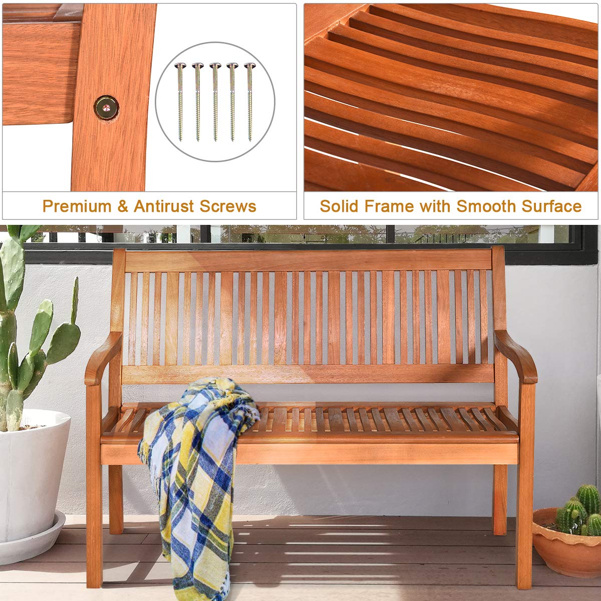 Tangkula Outdoor Wood Garden Bench, 50″ W Solid Wood Patio Park Bench with Dense Slatted Backrest & Seat, Curved Armrest, Large Wooden Loveseat Bench for Deck, Porch, Poolside, Yard & Balcony